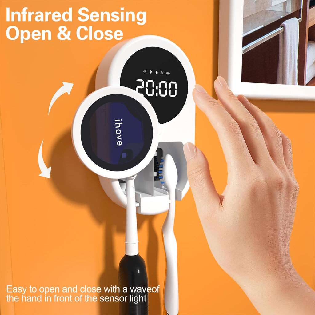 iHave Toothbrush Sanitizer Holder with UVC & 100M Negative Ions: Auto-Cycle for 360° Disinfection, Mold & Odor Removal | USB Toothbrush Holders Wall Mounted with Wave Sensor, LED, Heated & Fan Drying