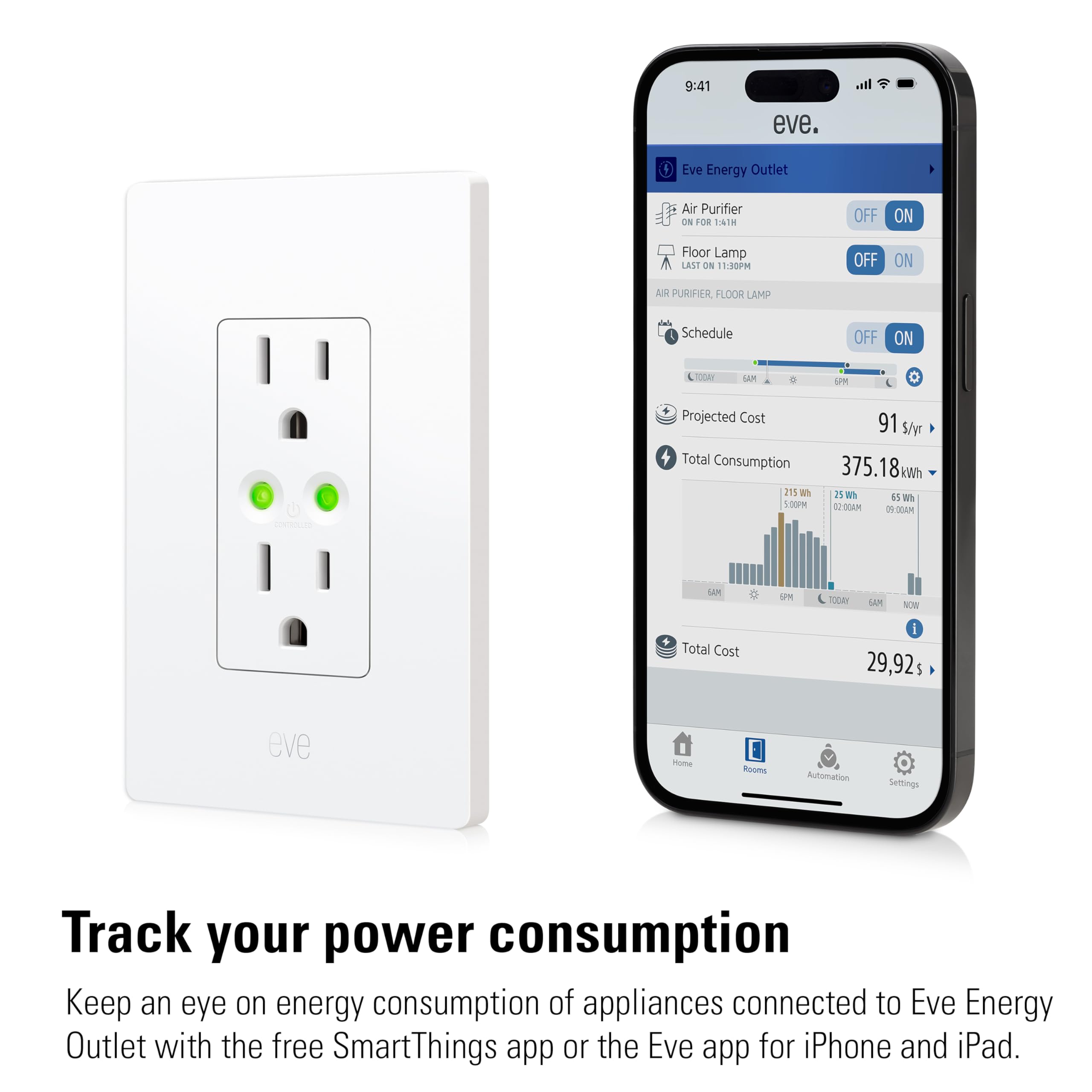 Eve Energy Outlet (Matter) 3-Pack – Smart Outlet & Power Meter, App & Voice Control, No Bridge, Thread, Works with Apple Home, Alexa, Google Home, SmartThings, 100% Privacy, Requires Thread Router