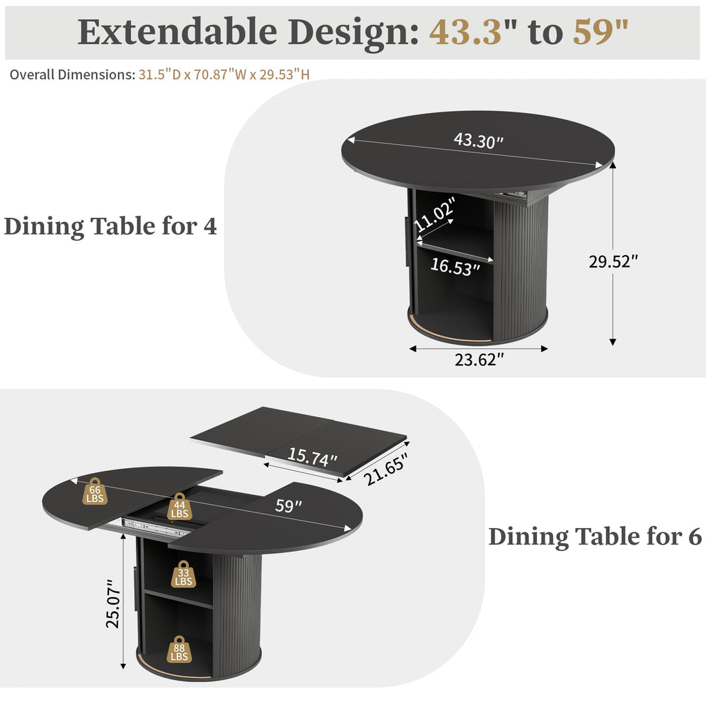 weselon 43"-59" Extendable Round to Oval Dining Table with Hidden Storage, Modern Wooden Kitchen Table with Fluted Sliding Door Cabinet, Expandable Dinner Table for Dining Room Living Room (Black)
