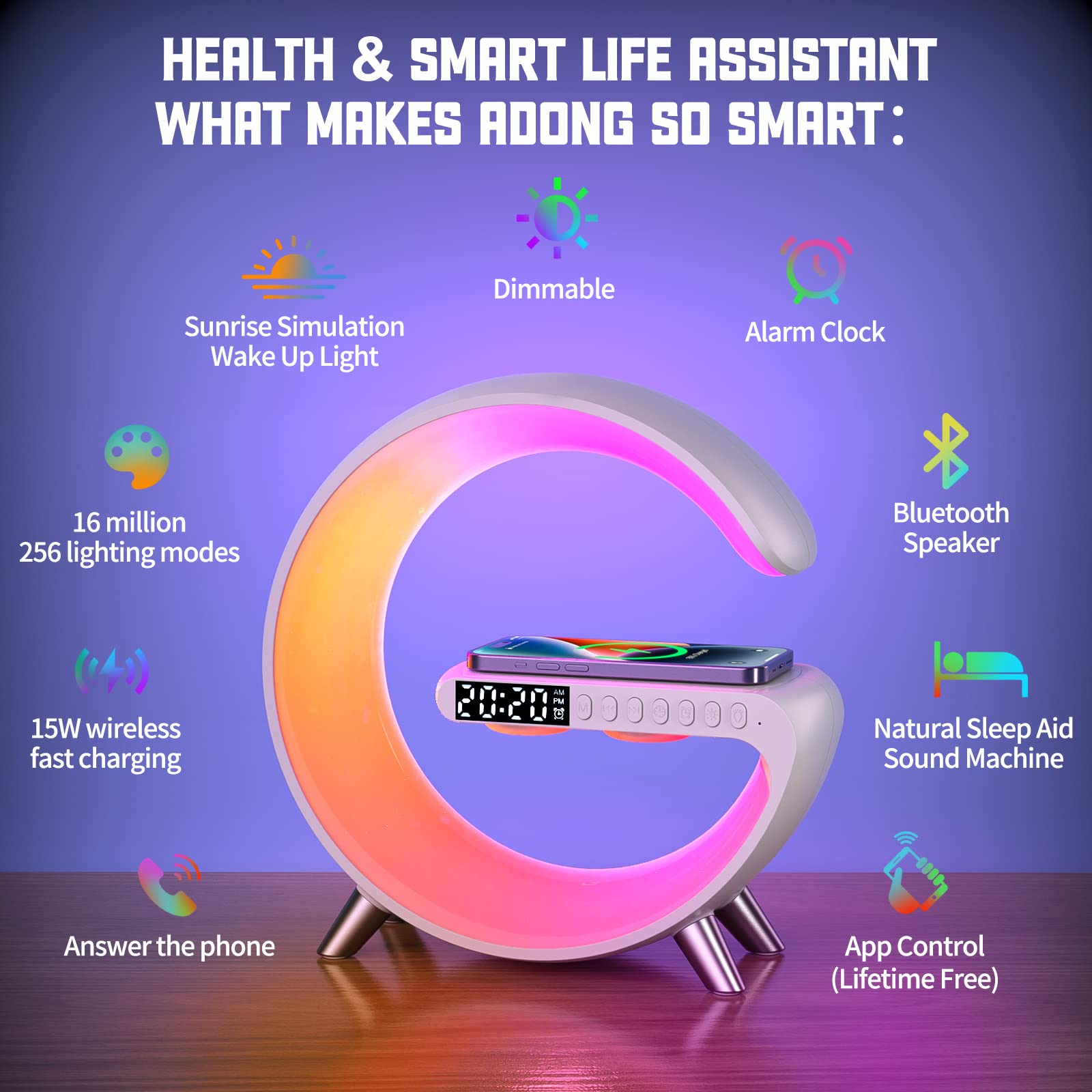 Smart Wireless Charging Alarm Clock with Bluetooth Speaker, App Controlled Bedside Lamp Table Light and Night Light, Bedroom Home Decor, Gift for Girls Boys and Family for Birthday Christmas (White)
