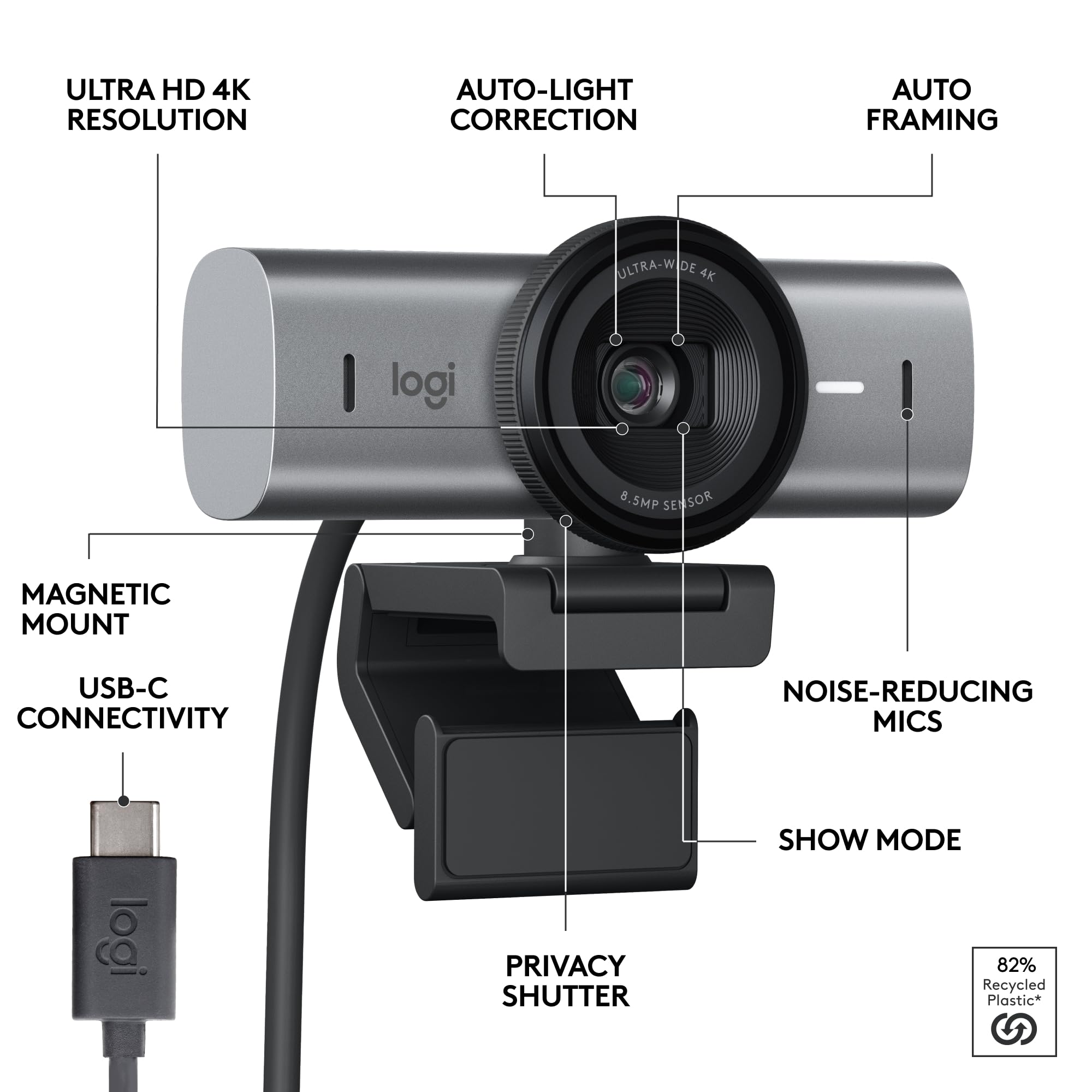 Logitech MX Brio Ultra HD 4K Webcam for Collaboration and Streaming, 1080p 60 FPS, Show Mode, Works with Microsoft Teams, Zoom, Google Meet, Nintendo Switch 2, Graphite