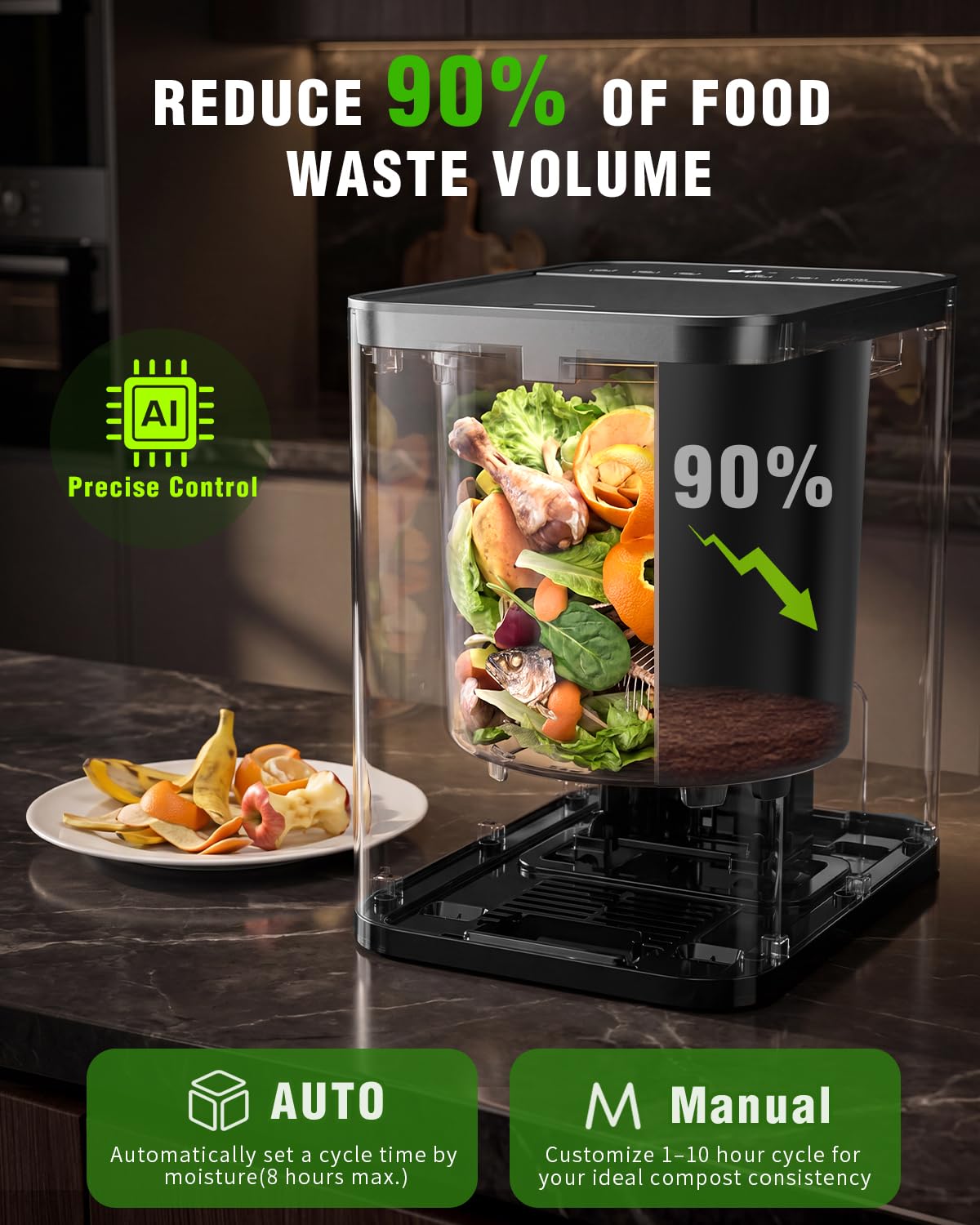 Growell Electric Composter for Kitchen, ETL Listed, 3.2L (108 Oz) Countertop Compost Bin with Strong Brushless Motor(2X Longer Lifespan), Quiet & Odorless, Indoor Composter with LED Display, EC04
