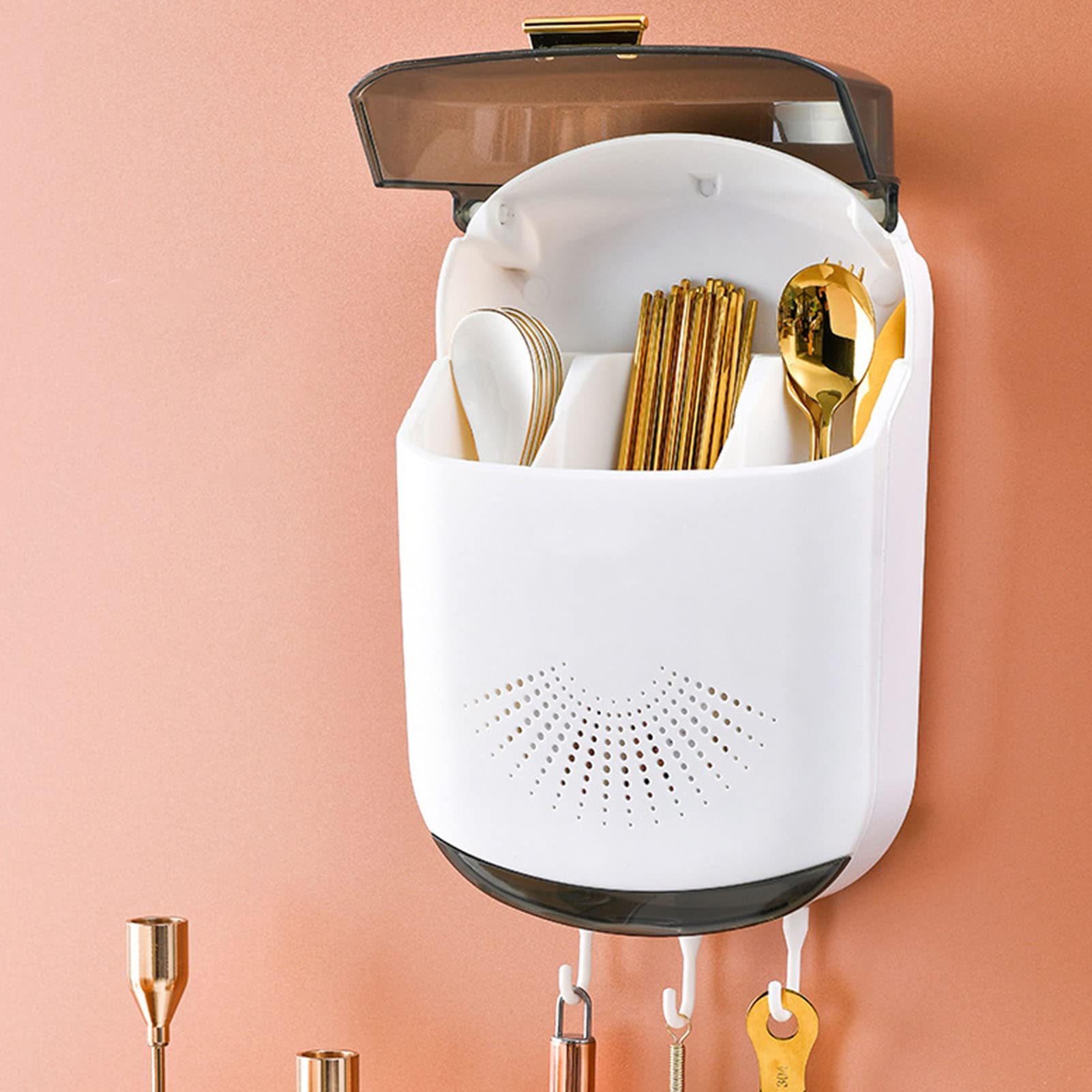 Wall Mounted Chopstick Holder, 3 Compartments Kitchen Utensil Holder with Cover And Drain Tray Large Capacity Plastic Chopstick Container Countertop Utensil Drying Storage Box (White)