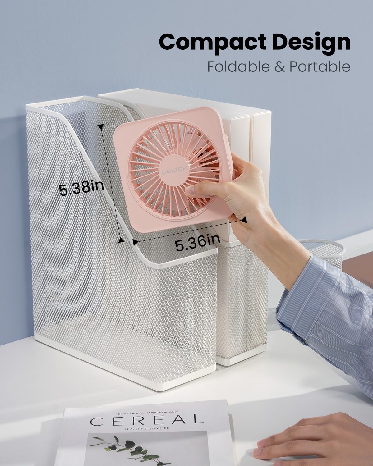 Gaiatop USB Desk Fan, 5 Inch Small Portable Table Desktop Fans with Strong Wind Ultra Quiet 3 Speeds and 180° Tilt Folding, Mini Personal Cooling Essentials For Office Home Bedroom Dorm Kitchen Pink