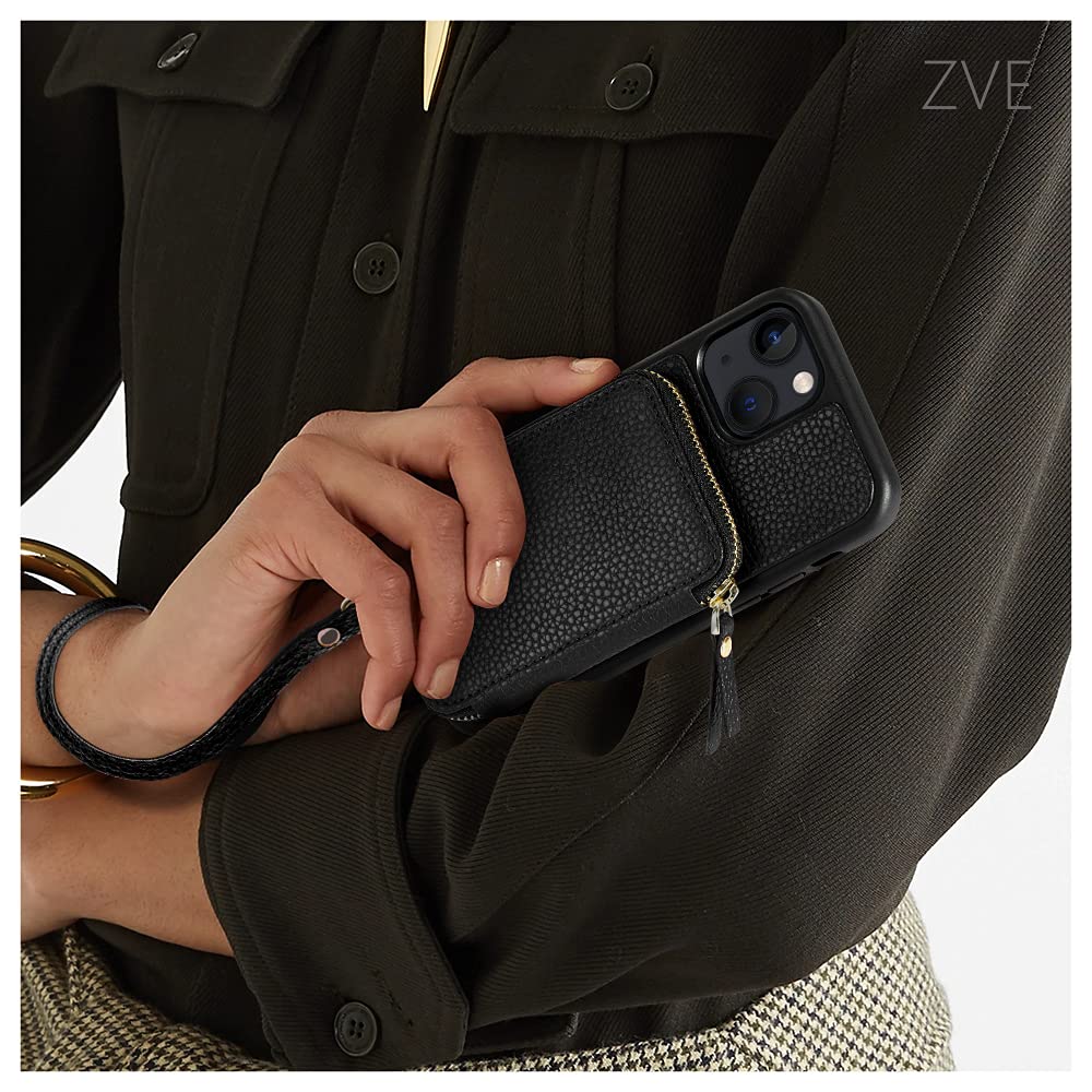 ZVE for iPhone 13 Wallet Case with Wristlet, Zipper Leather Case with RFID Blocking Card Holder Slots Purse, Protective Carrying Cover for iPhone 13 6.1" (2021) - Black
