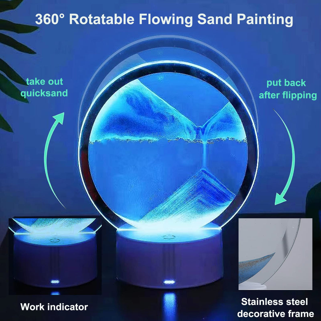 Desniltol 3D Moving Sand Art with Remote Control, 360° Rotating Hourglass Lights, RGB Color Changing Table Lamp,Sand Art Liquid Motion Colorful Creative Sea Glass Quicksand Painting Night Light(Blue)