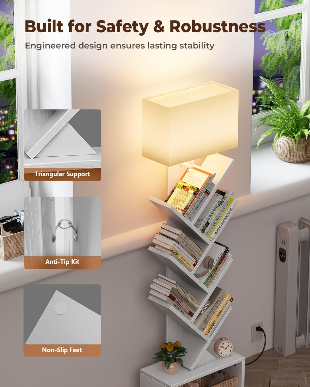 Evermagin 6 Tier Tree Bookshelf with Light, Narrow Bookcase Tower, Tall Floor Standing Book Shelf Organizer with Storage Cabinet for Living Room, Bedroom and Home Office, White