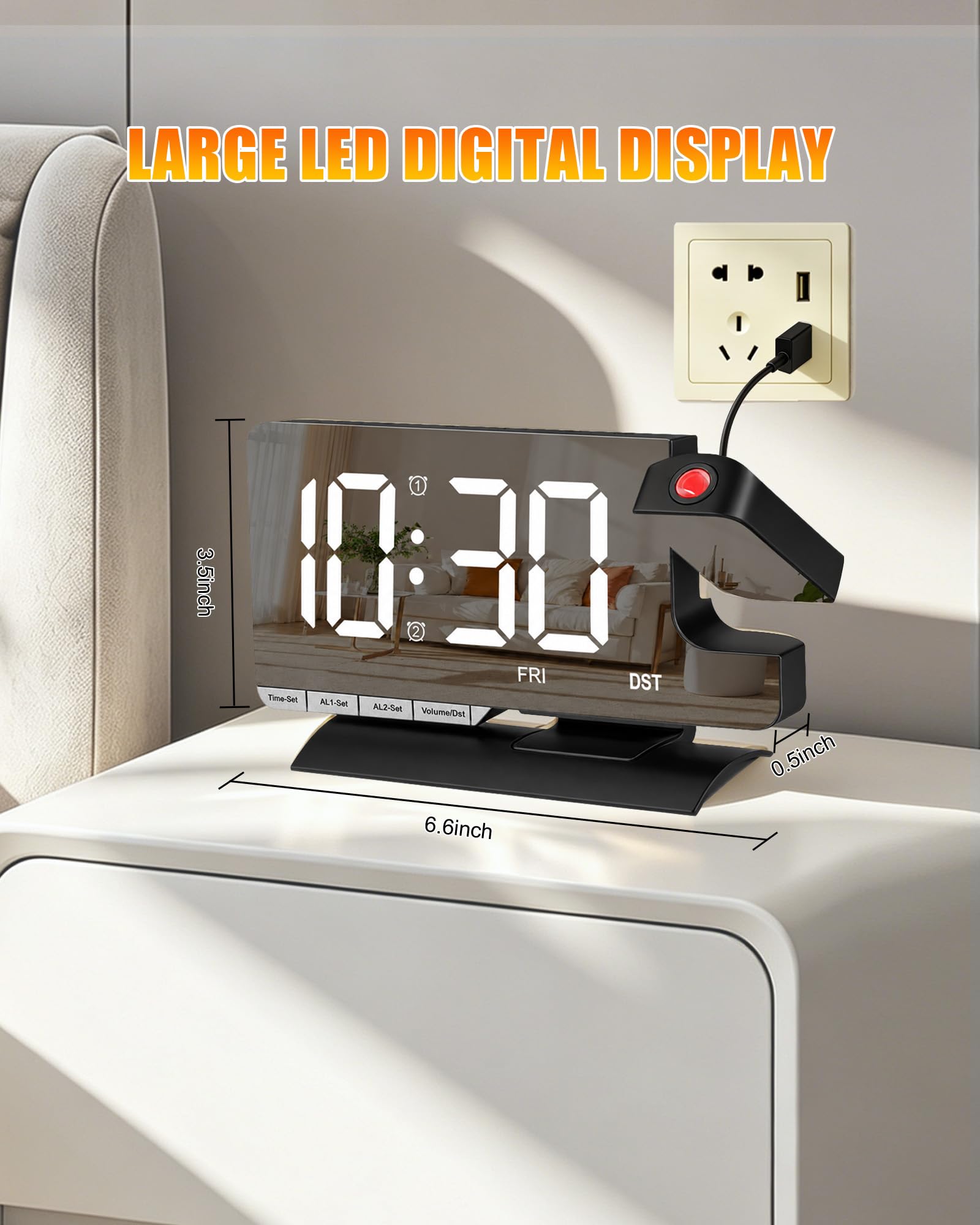 Projection Alarm Clock for Bedroom Ceiling, Digital Mirror Alarm Clock with 180° Rotatable Projector, 7.3" Large LED Display, Dual Alarm, USB & Type-C Charger, Loud Alarm for Heavy Sleepers Black