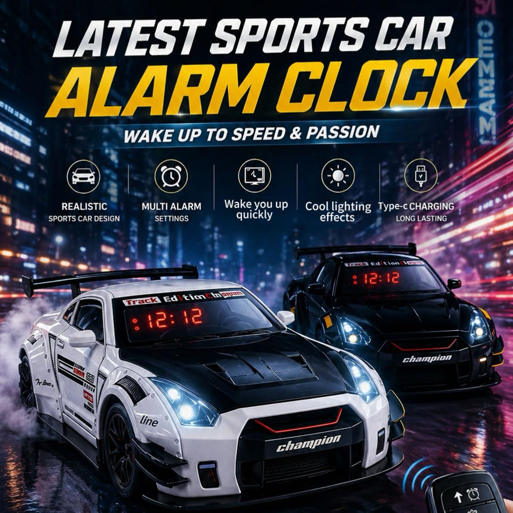 Car Alarm Clock, Race Alarm Clock Car with Engine Sound LED Digital Display,Remote Control, Realistic Lighting Effects for Bedroom, for Boys, Kids & Boyfriend (White, Desktop)