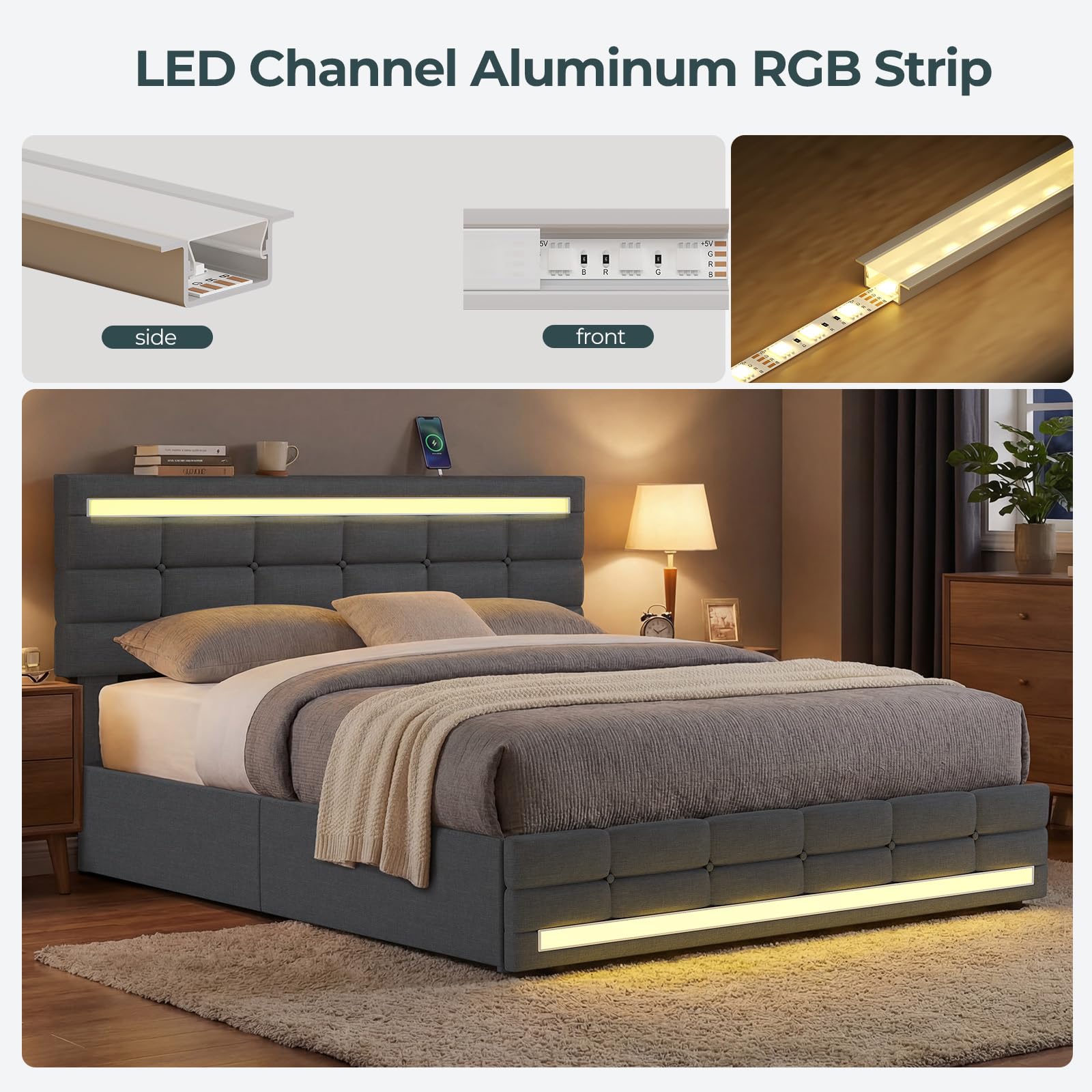 ADORNEVE Queen Bed Frame with 4 Storage Drawers, Upholstered Headboard with Charging Station & LED Lights, Metal and Wood Platform Bed, No Box Spring Needed, Easy Assembly, Dark Grey