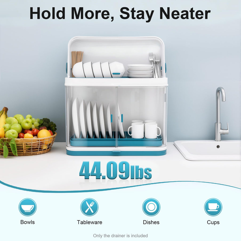 Ageanbri 2 Tier Dish Drying Rack Drain Board with Lid Cover, Drain Board with Lid Plastic Cover, Drying Rack Storage Case for Kitchen Countertop, Dustproof Kitchen Supplies Shelf Utensils Organize