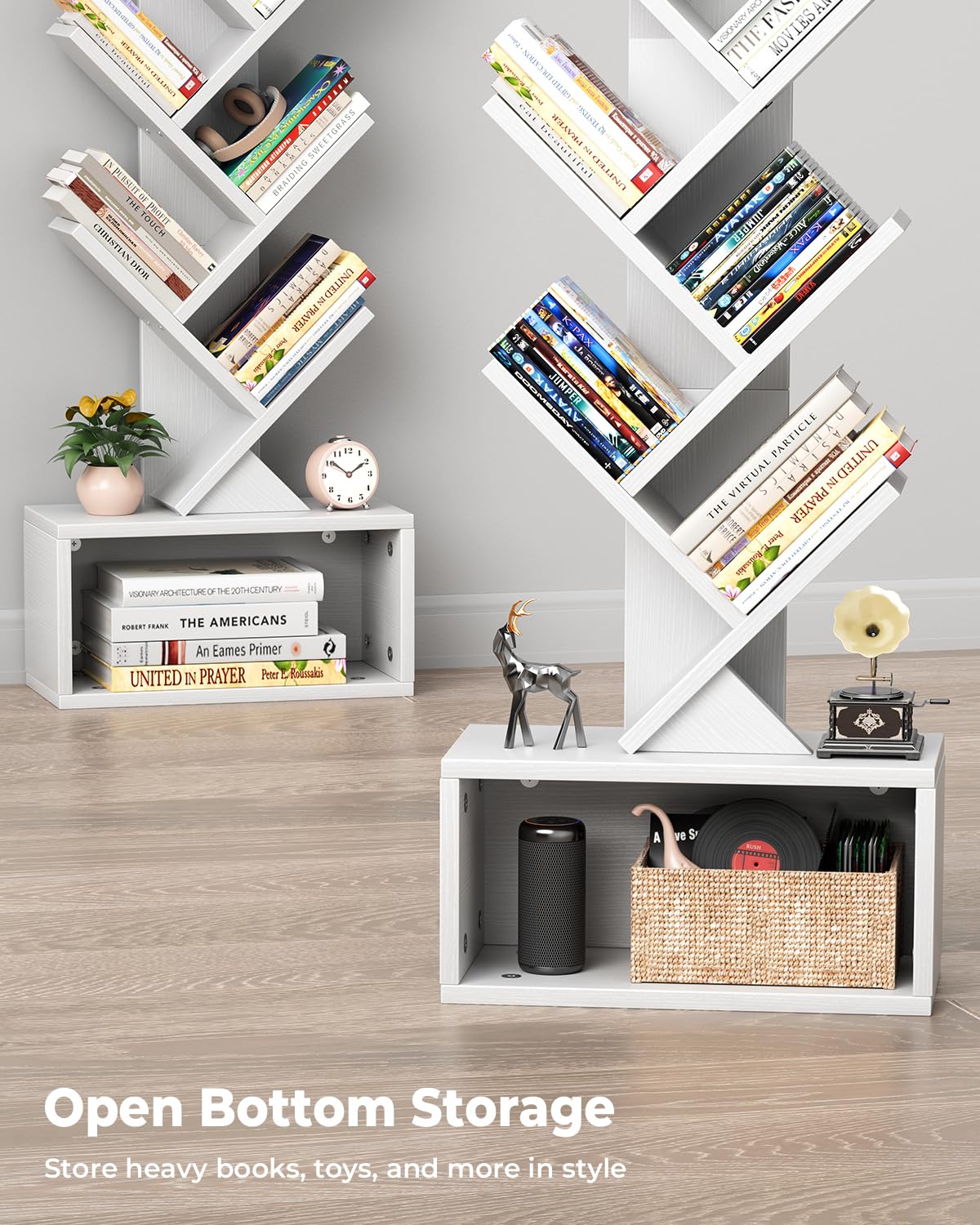 Evermagin 6 Tier Tree Bookshelf with Light, Narrow Bookcase Tower, Tall Floor Standing Book Shelf Organizer with Storage Cabinet for Living Room, Bedroom and Home Office, White