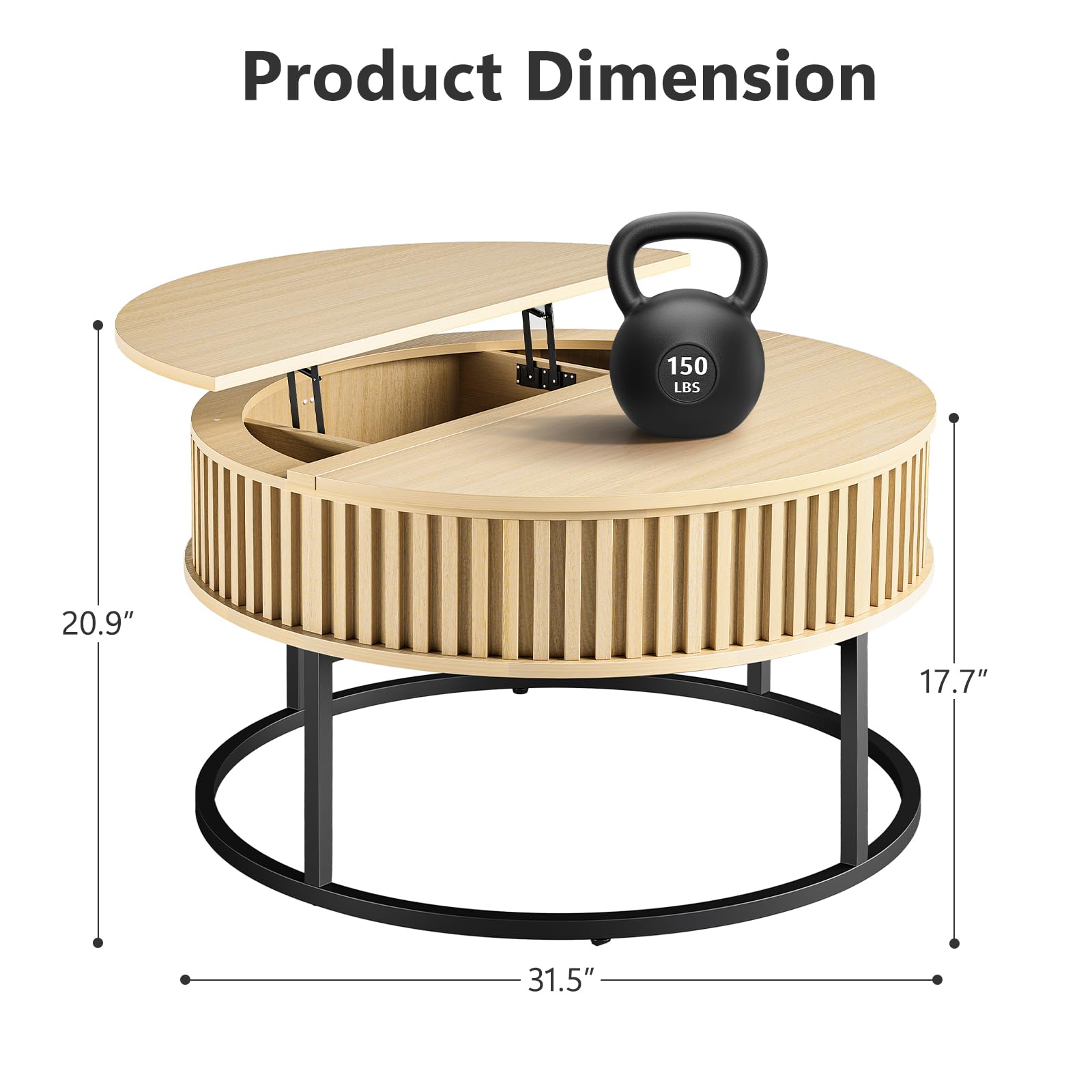 Curlaky Round Coffee Table with Lift Top - Fluted Wood Center Coffee Tables for Living Room, Lifting Up for Dining, Large Hidden Circle Storage Compartment for Small Spaces, Mid Century Modern