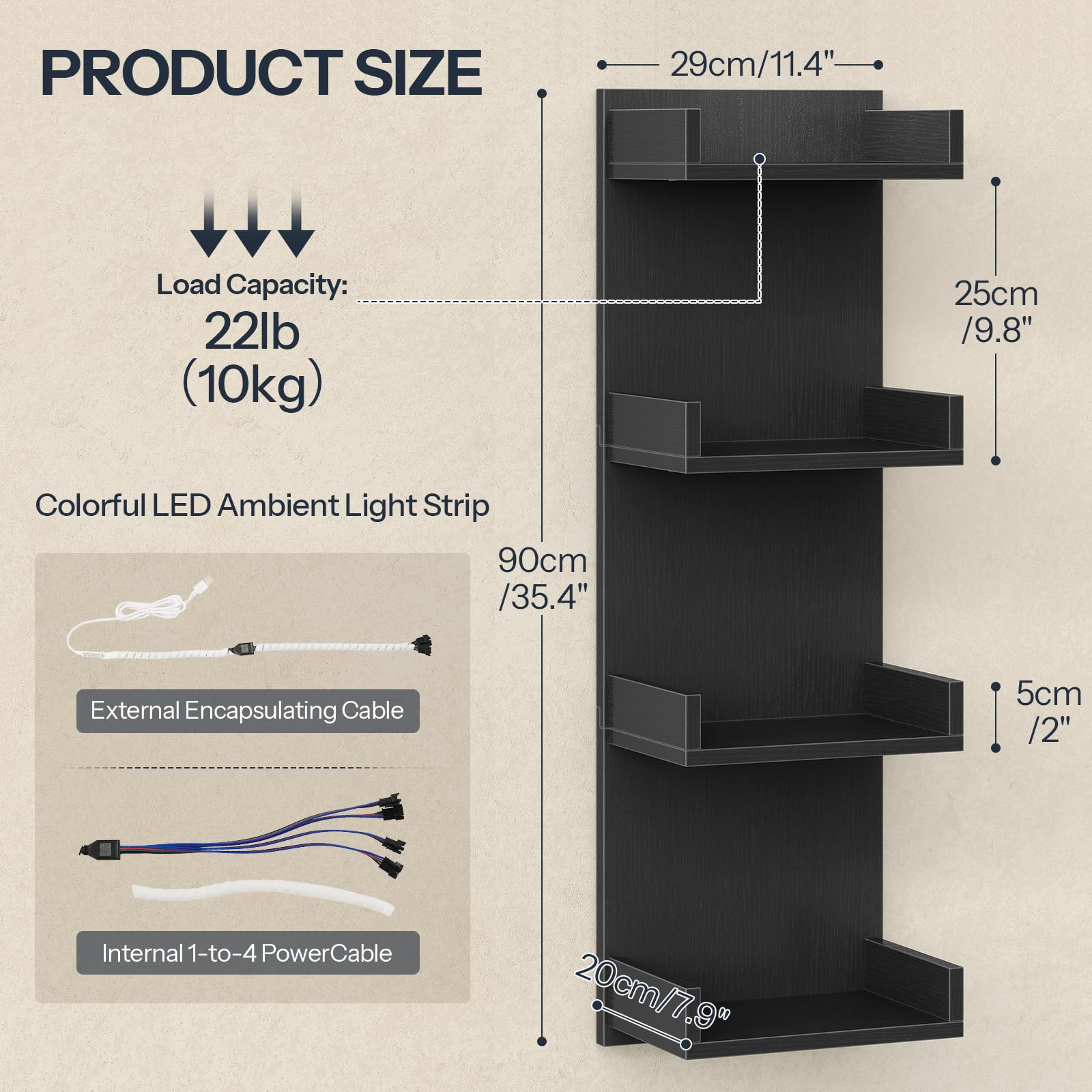 HOOBRO Floating Wall Shelves with LED Lights, Floating Shelf Wall Mounted for Storage, Vertical Display Stand, Modern Column Rack, for Bedroom, Livingroom, 4-Tier, 35.8 Inches, Black, BK41DBJ01