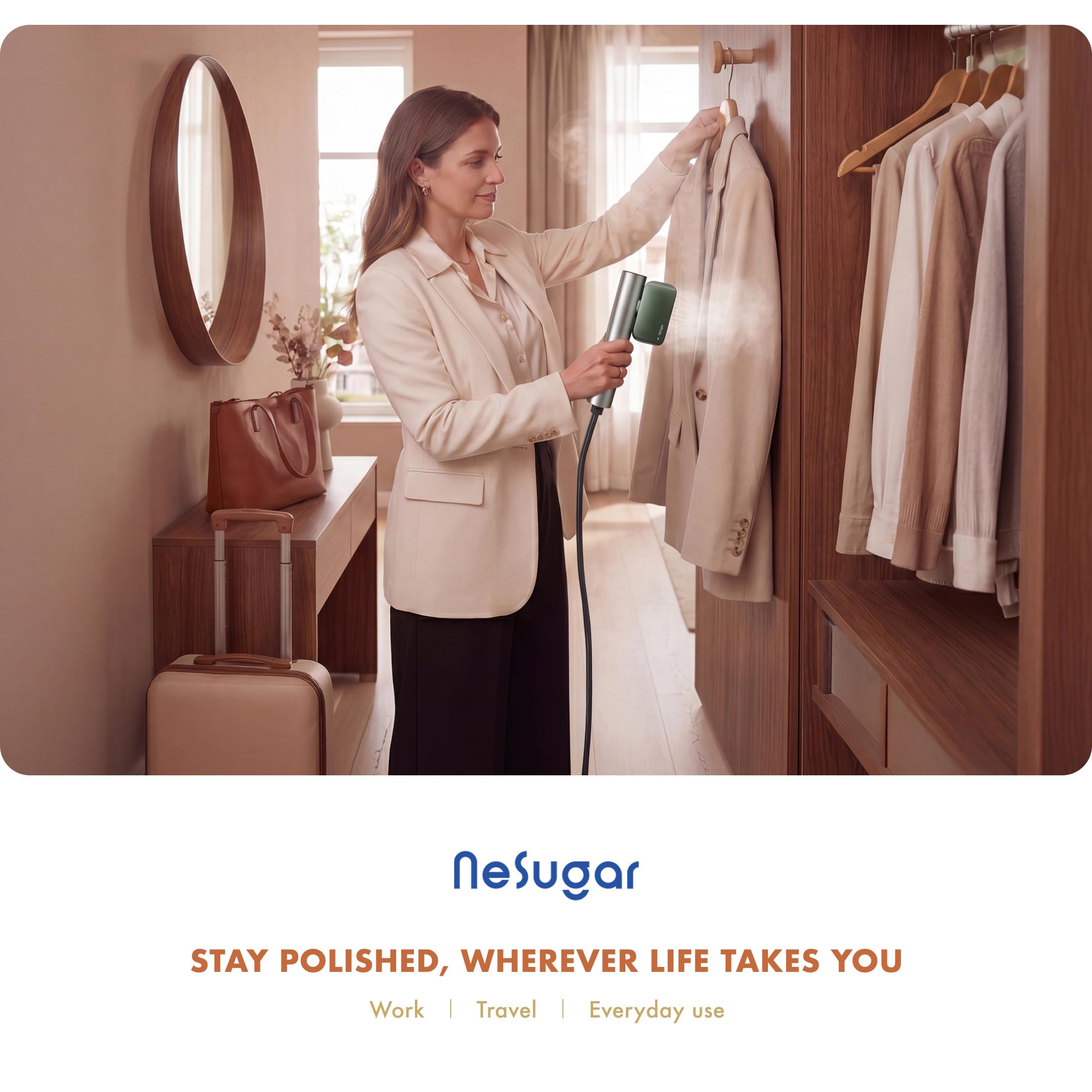 Nesugar G2 Travel Garment Steamer - Handheld Garment Steamer for Instant Wrinkle Smoothing - Rotating Head - Quick Heat-Up - Sleek Profile - Compact Size - Flat Ironing - Green