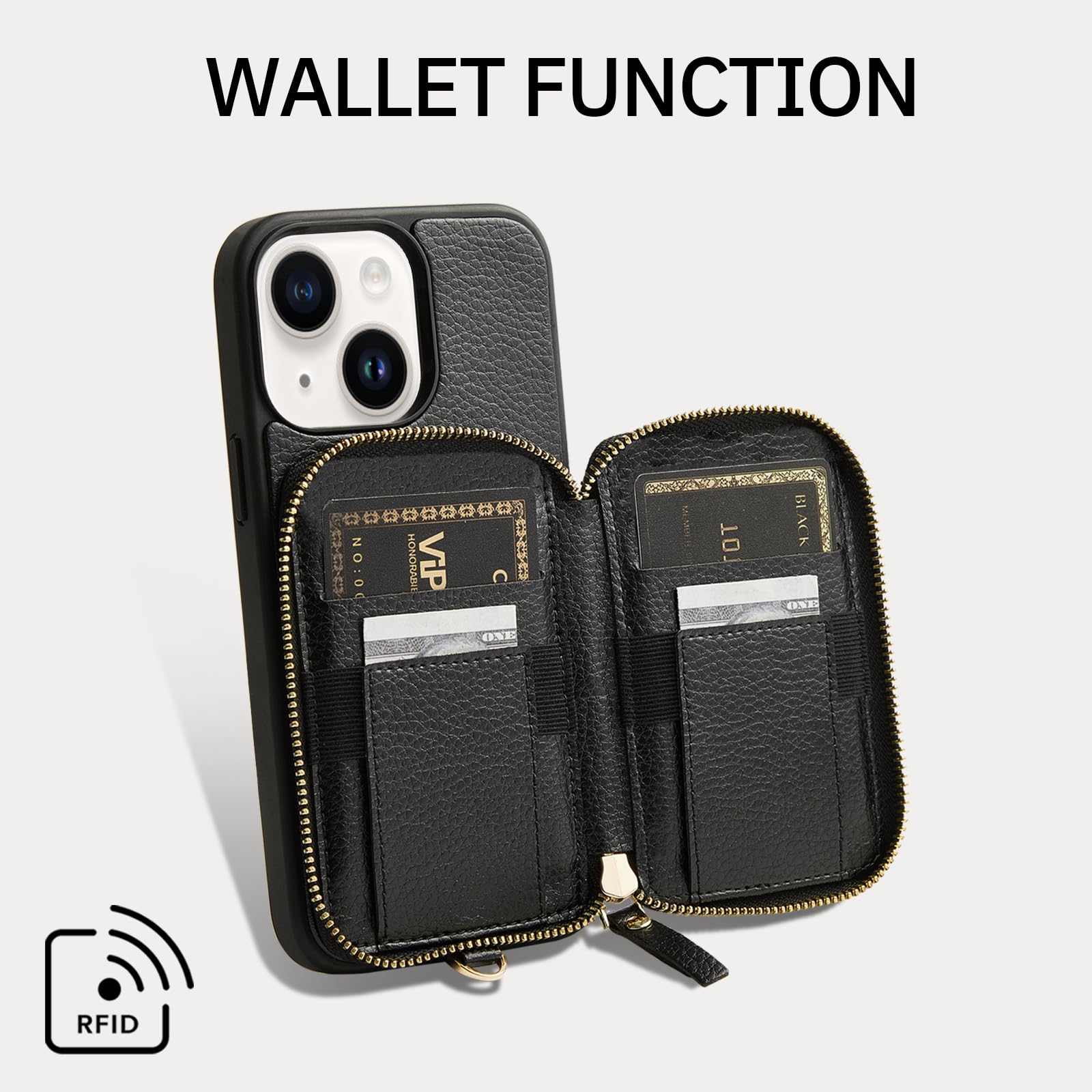 ZVE for iPhone 13 Wallet Case with Wristlet, Zipper Leather Case with RFID Blocking Card Holder Slots Purse, Protective Carrying Cover for iPhone 13 6.1" (2021) - Black
