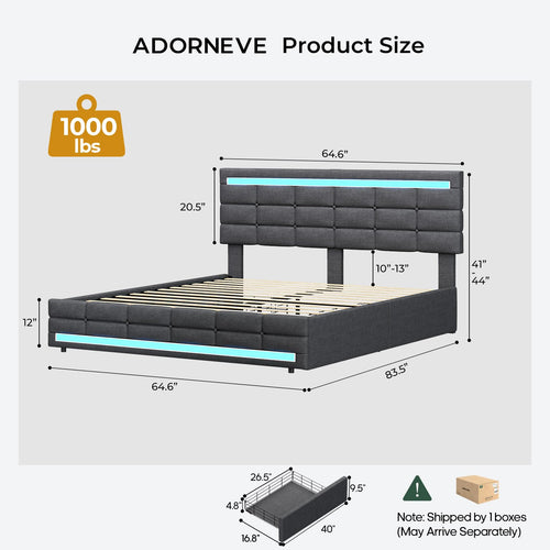 ADORNEVE Queen Bed Frame with 4 Storage Drawers, Upholstered Headboard with Charging Station & LED Lights, Metal and Wood Platform Bed, No Box Spring Needed, Easy Assembly, Dark Grey