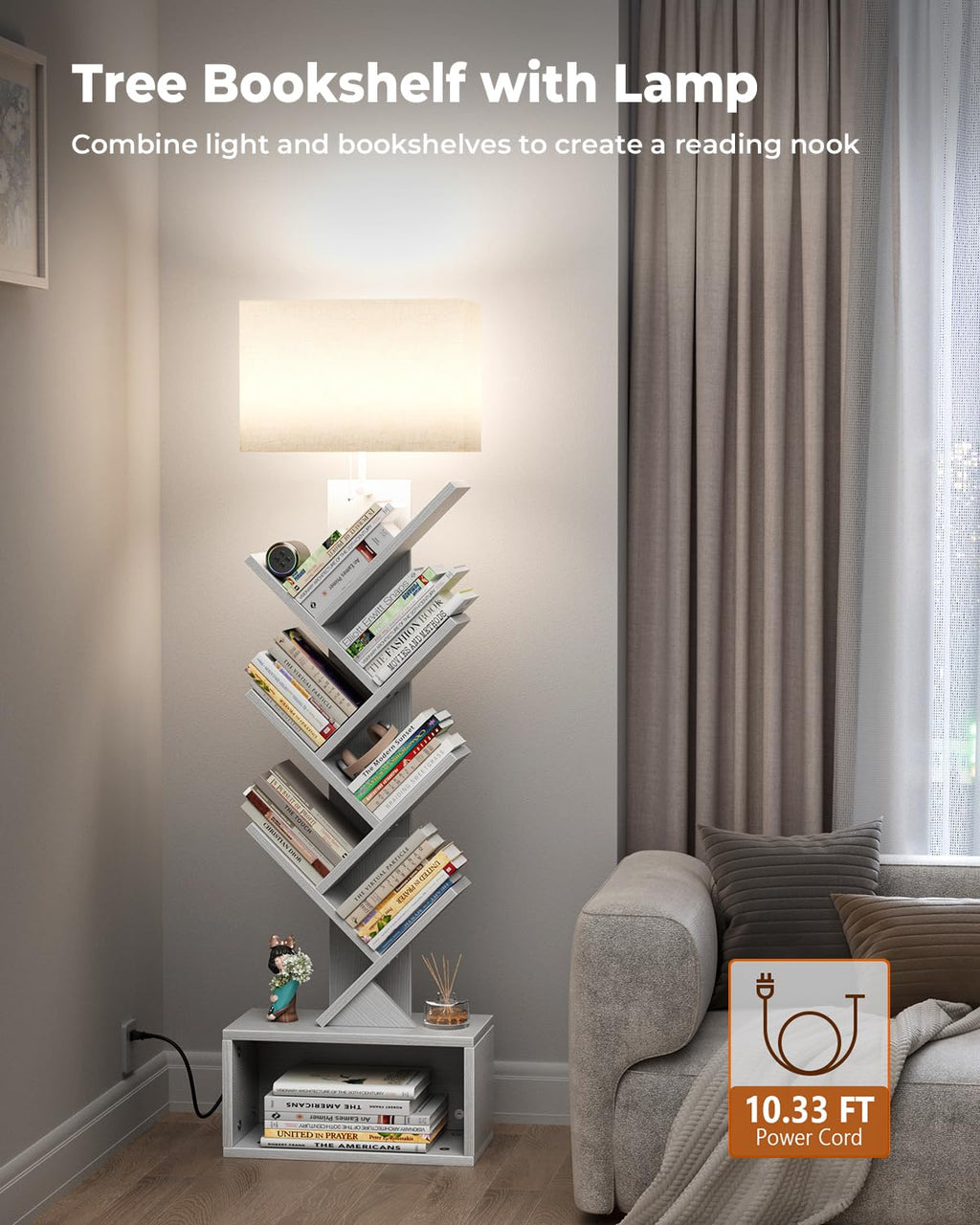 Evermagin 6 Tier Tree Bookshelf with Light, Narrow Bookcase Tower, Tall Floor Standing Book Shelf Organizer with Storage Cabinet for Living Room, Bedroom and Home Office, White
