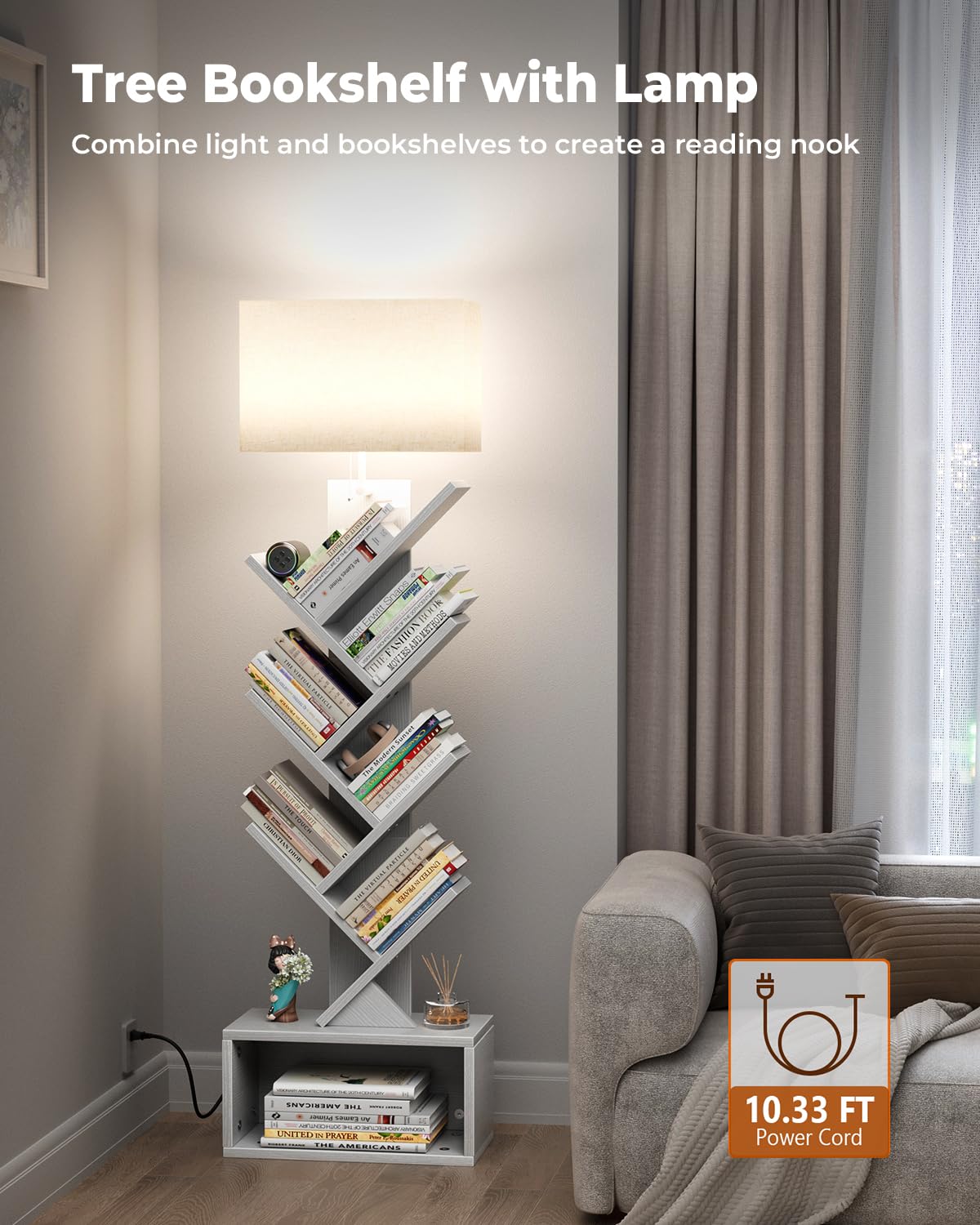 Evermagin 6 Tier Tree Bookshelf with Light, Narrow Bookcase Tower, Tall Floor Standing Book Shelf Organizer with Storage Cabinet for Living Room, Bedroom and Home Office, White
