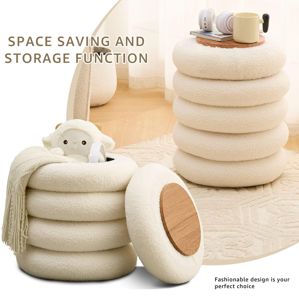 Wimarsbon Round Storage Ottoman, Modern Sherpa Footstool, Teddy Vanity Stool with Flip-Top Tray, Makeup Chair for Home Decor, Upholstered Footrest for Living Room & Bedroom (White S)