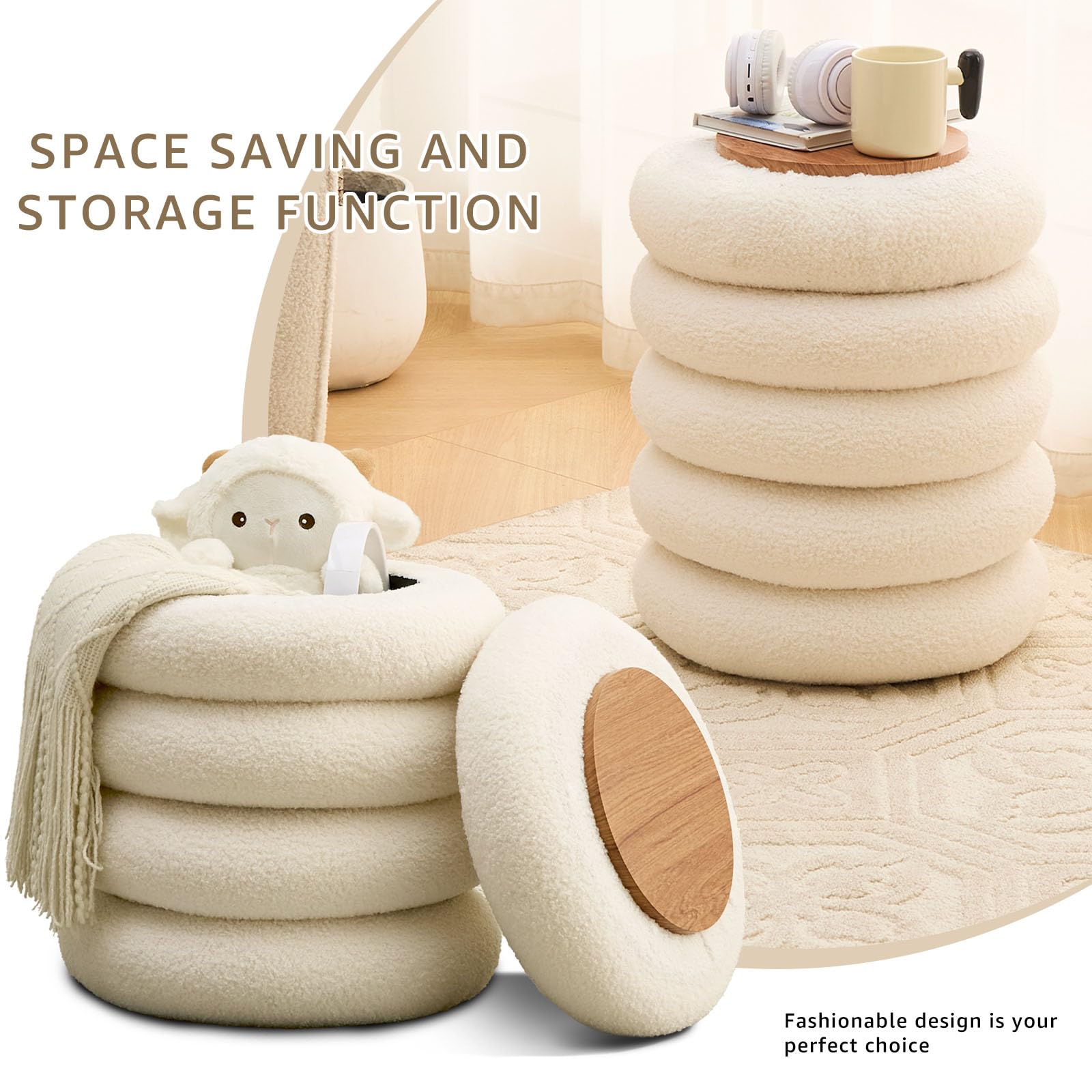 Wimarsbon Round Storage Ottoman, Modern Sherpa Footstool, Teddy Vanity Stool with Flip-Top Tray, Makeup Chair for Home Decor, Upholstered Footrest for Living Room & Bedroom (White S)