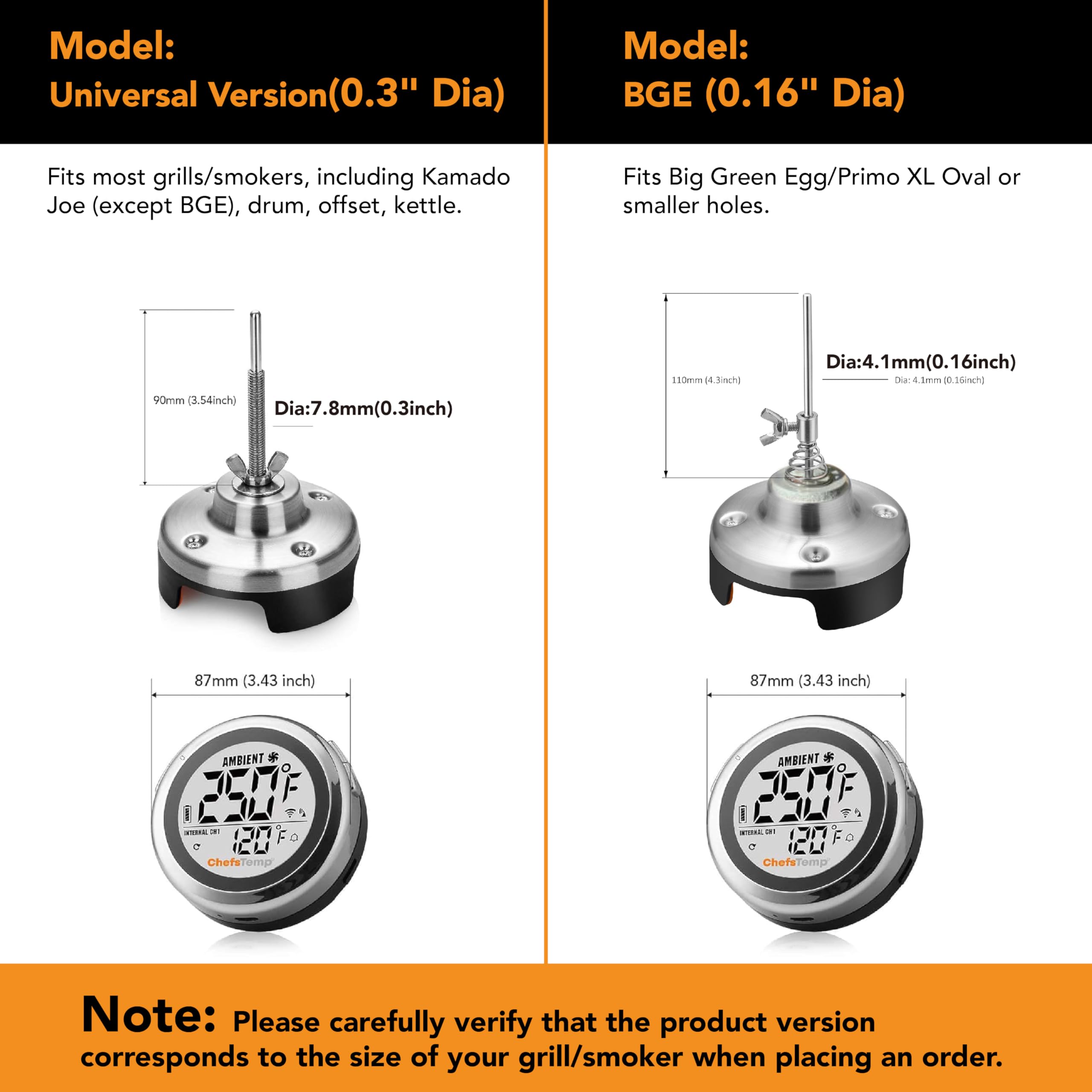 ProTemp S1 Patented Smart Grill Gauge Thermometer Hub Wi-Fi and Bluetooth for Weber Kamado Joe Grills Smoker Offset Replacement Accessories (Universal Version 3.5"length 0.3"Dia not for Big Green Egg)