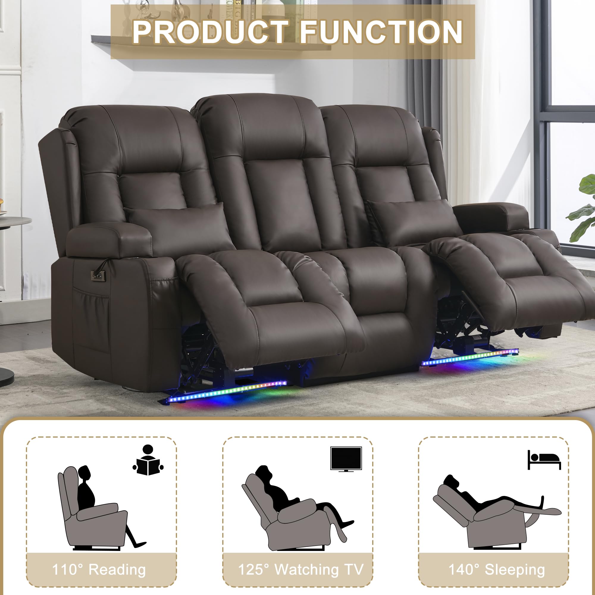 URRED Power Loveseat Recliner Sofa with Massage and Heat, Wall Hugger Reclining Loveseat with Console, RV Couch Home Theater Seating with LED Lights for Living Room (Dark Brown, 76.8" - 3 Seats)