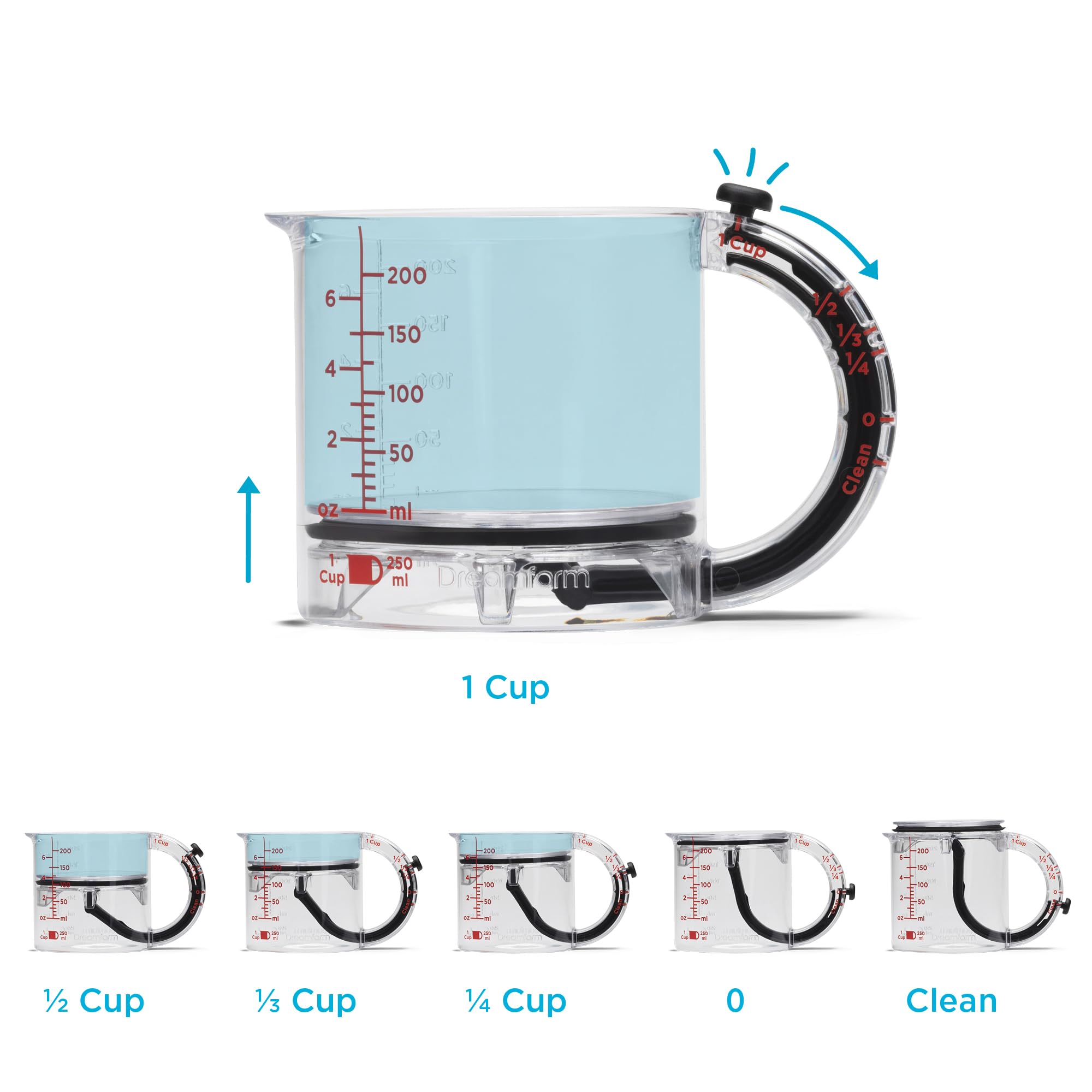 Dreamfarm Upcup All-in-1 Adjustable Measuring Cup, Metric & Imperial Measurements up to 1 Cup - Black/Clear