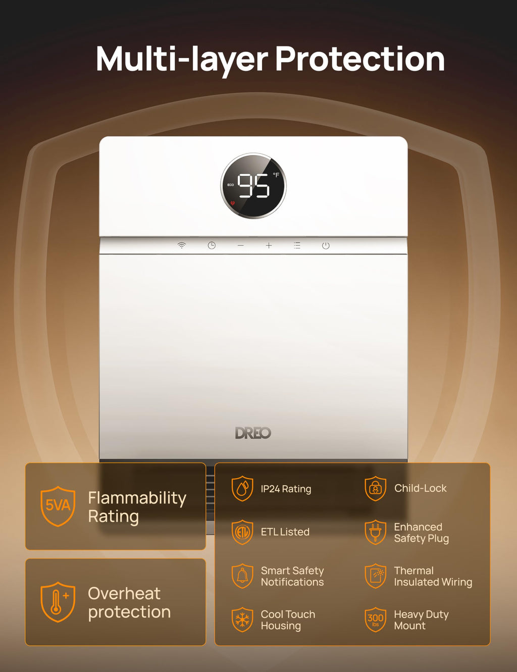 DREO Smart Wall Heater, IP24 Easy-mounted PTC Space Heater for Indoor Use, 30° Oscillation, Adjustable Thermostat, Remote Control, Works with Alexa, 24H Timer, Electric Heater for Bedroom, Office
