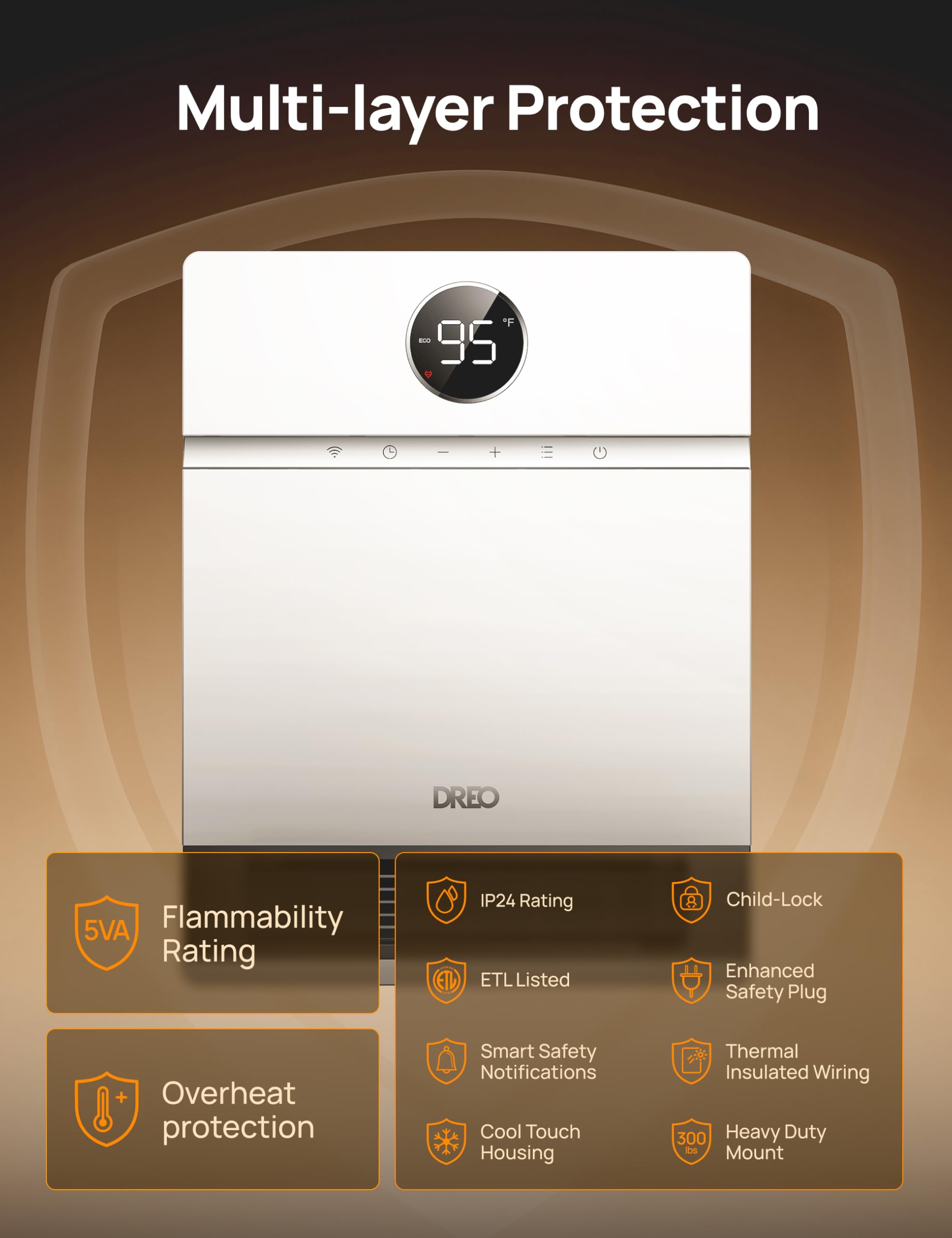DREO Smart Wall Heater, IP24 Easy-mounted PTC Space Heater for Indoor Use, 30° Oscillation, Adjustable Thermostat, Remote Control, Works with Alexa, 24H Timer, Electric Heater for Bedroom, Office
