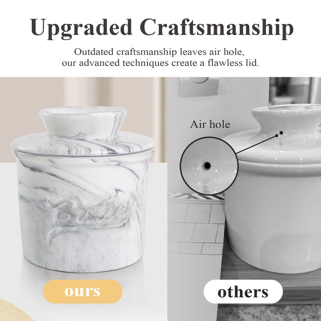 MSJGA Butter Crock for Counter with Water, French Butter Keeper for Spreadable Butter Marble Ceramic Butter Dish with Lid for Countertop, Butter Container Holder