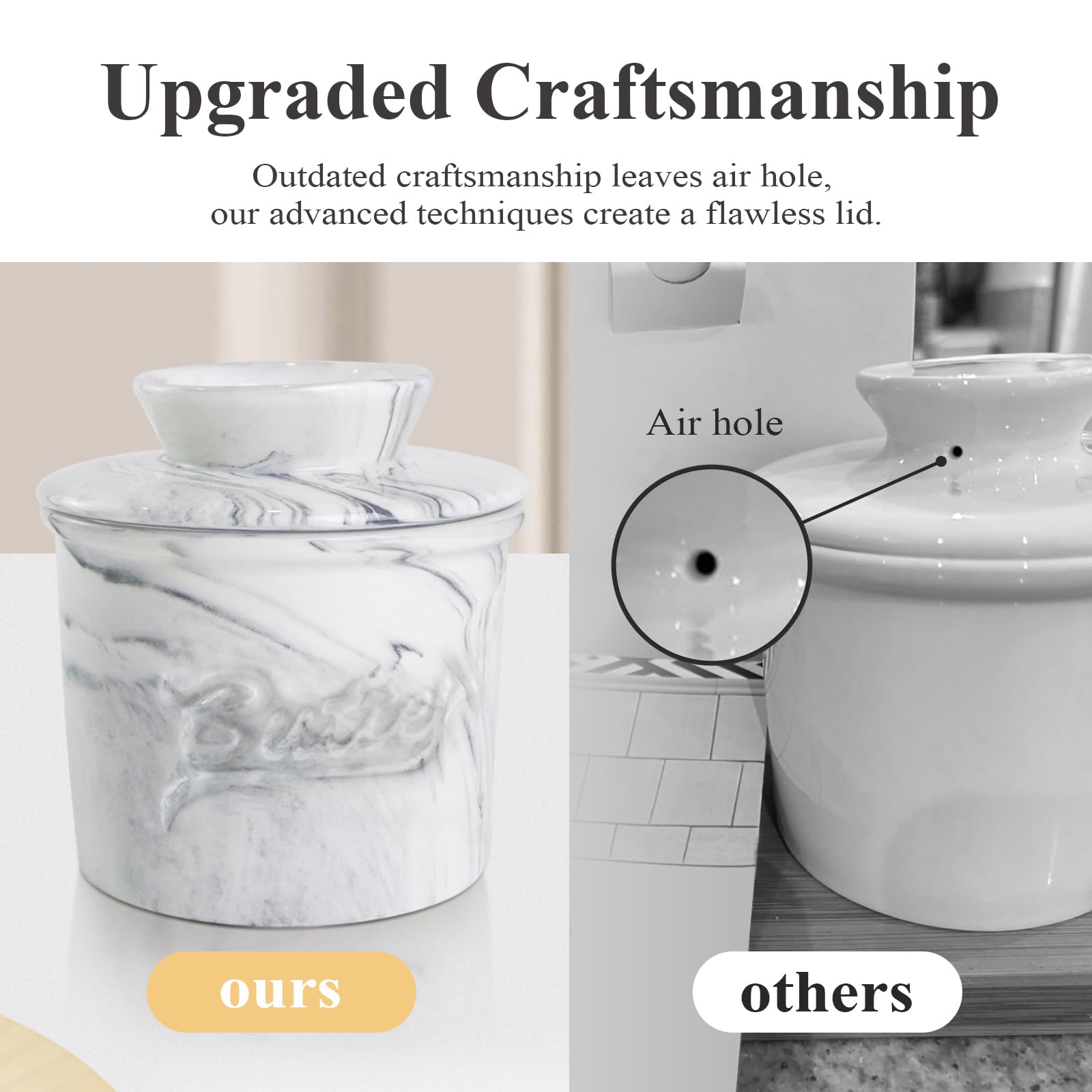 MSJGA Butter Crock for Counter with Water, French Butter Keeper for Spreadable Butter Marble Ceramic Butter Dish with Lid for Countertop, Butter Container Holder