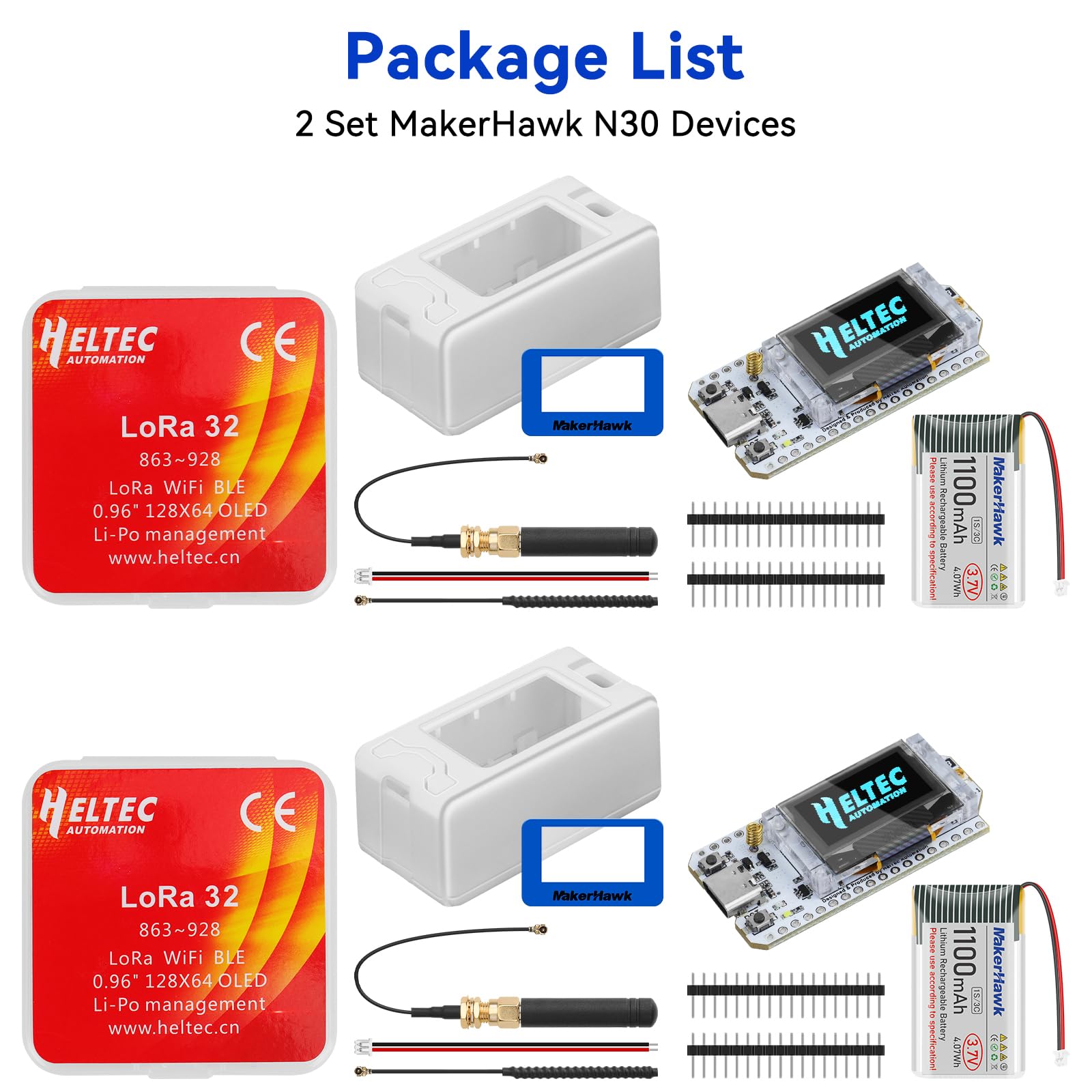 2 Pack ESP 32 Lo Ra V3 Development Board + 1100mAh Battery + Protect Case Set - with 915MHz Antenna and SX 1262 Surport WiFi Blue Tooth Lo Ra V3 Devices for Meshtastic Ar duino LoRawan IOT