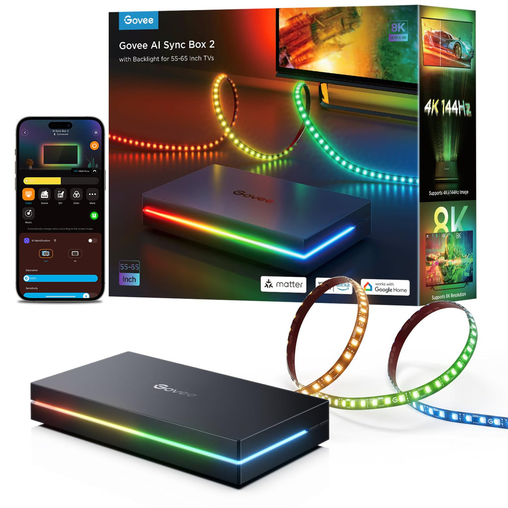 Govee HDMI 2.1 Sync Box 2, AI Sync Box with TV Backlight, Supports 8K@60Hz, 4K@144Hz, VRR and ALLM, Works with SmartThings, Matter and Alexa, RGBIC LED Light Strip for 55-65 inch TVs, 75 LEDs/m