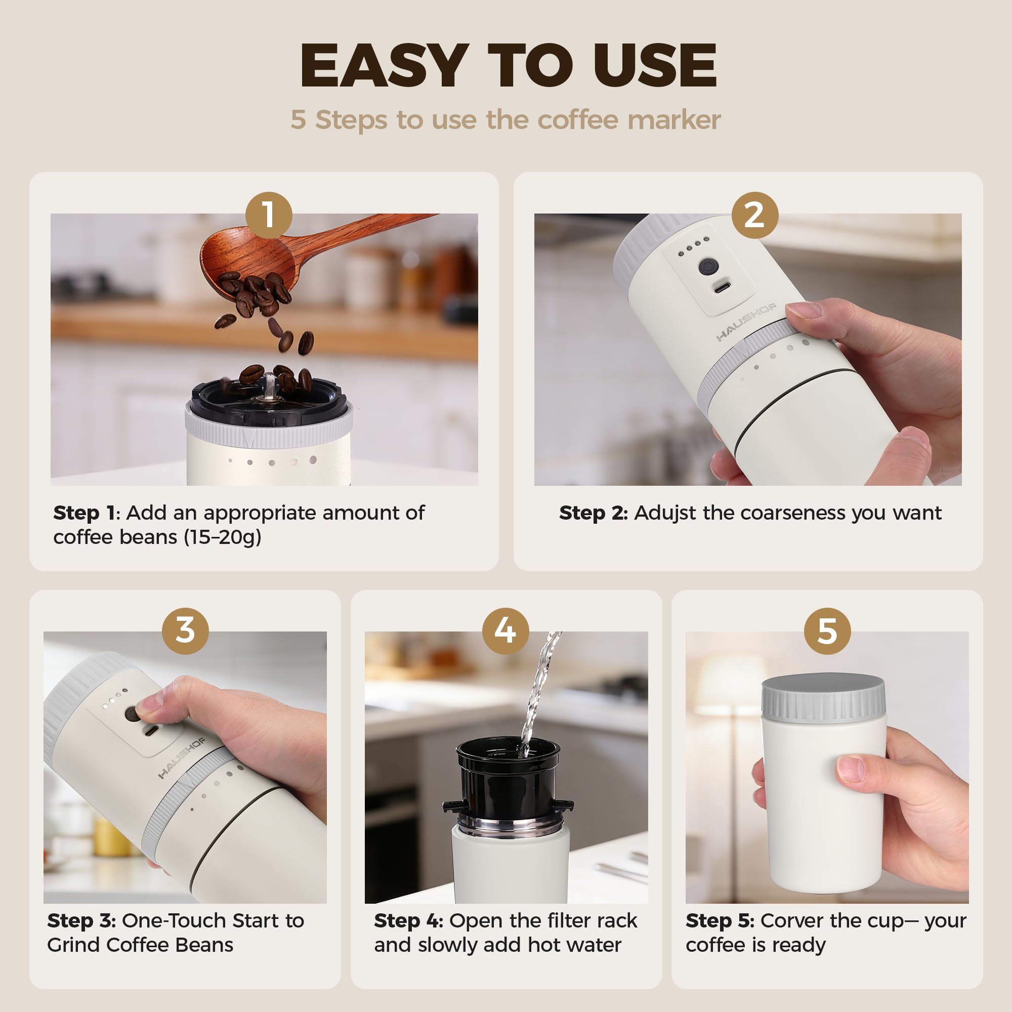 HAUSHOF Portable Coffee Grinder, Camping Coffee Makers, Portable Burr Coffee Grinder and Brewing Kit, Rechargeable, Personal Cordless Coffee Maker for Car, Camping, for Home Use
