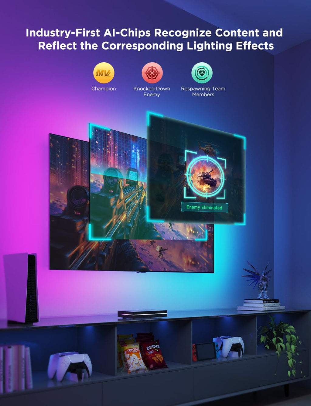 Govee HDMI 2.1 Sync Box 2, AI Sync Box with TV Backlight, Supports 8K@60Hz, 4K@144Hz, VRR and ALLM, Works with SmartThings, Matter and Alexa, RGBIC LED Light Strip for 55-65 inch TVs, 75 LEDs/m