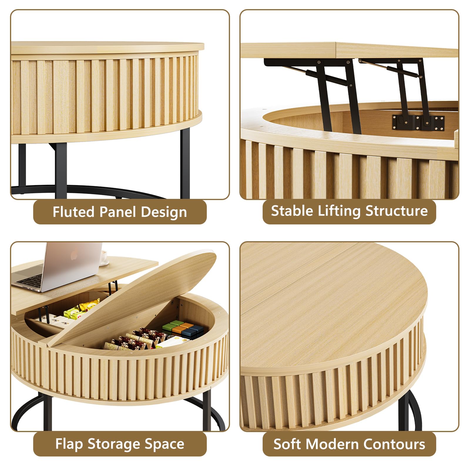 Curlaky Round Coffee Table with Lift Top - Fluted Wood Center Coffee Tables for Living Room, Lifting Up for Dining, Large Hidden Circle Storage Compartment for Small Spaces, Mid Century Modern