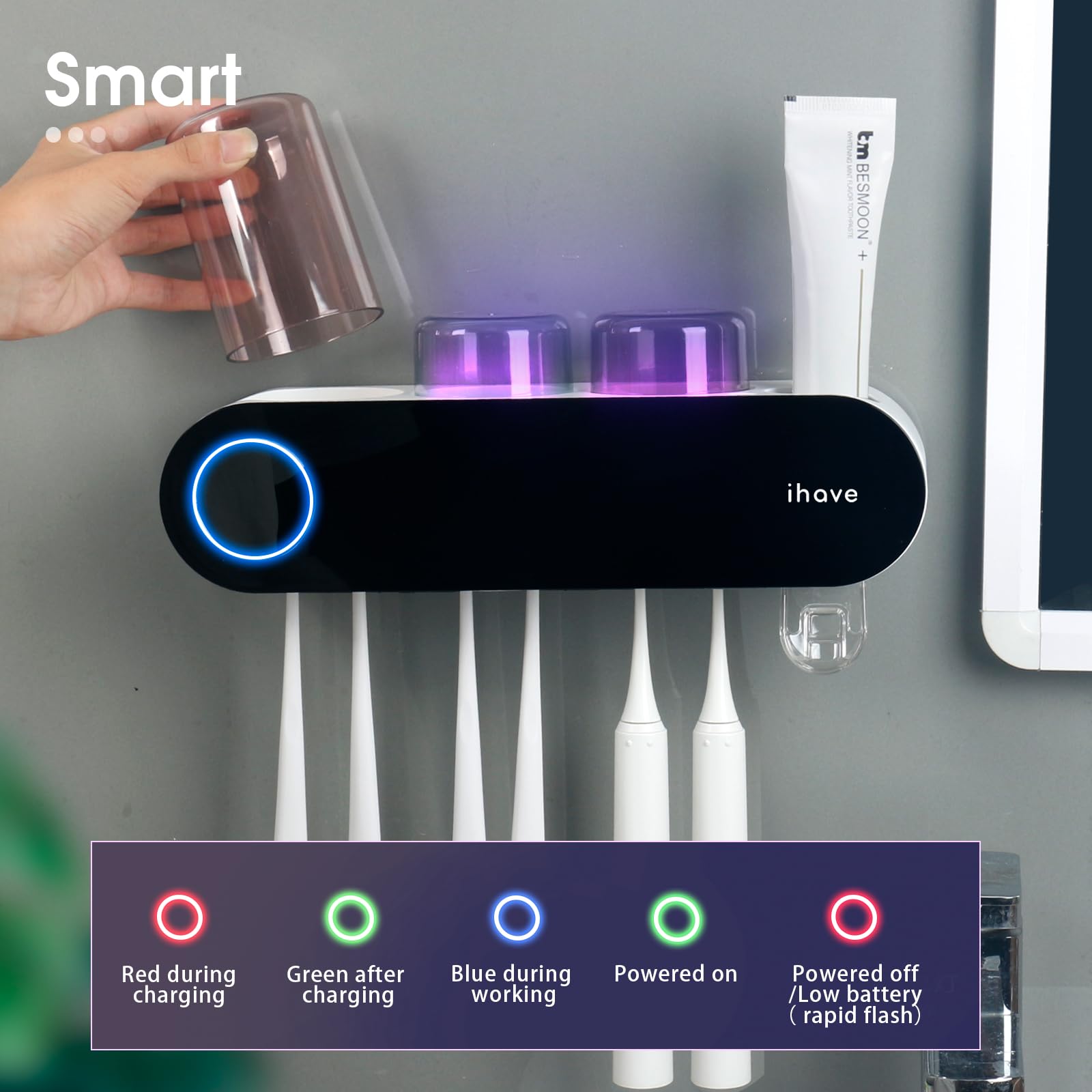 iHave Wall Mounted Electric Toothbrush Holders with 3 Cups, UV Sanitizer, Toothpaste Dispenser, Smart Home Bathroom Accessories & Decor, Black