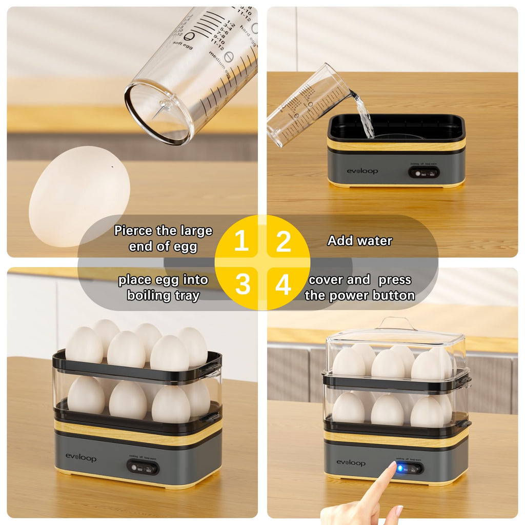 Evoloop Rapid Egg Cooker Electric 12 Eggs Capacity, Soft, Medium, Hard Boiled, Poached, Omelet Maker Egg Poacher & Vegetable Steamer, BPA Free Tray(Grey)