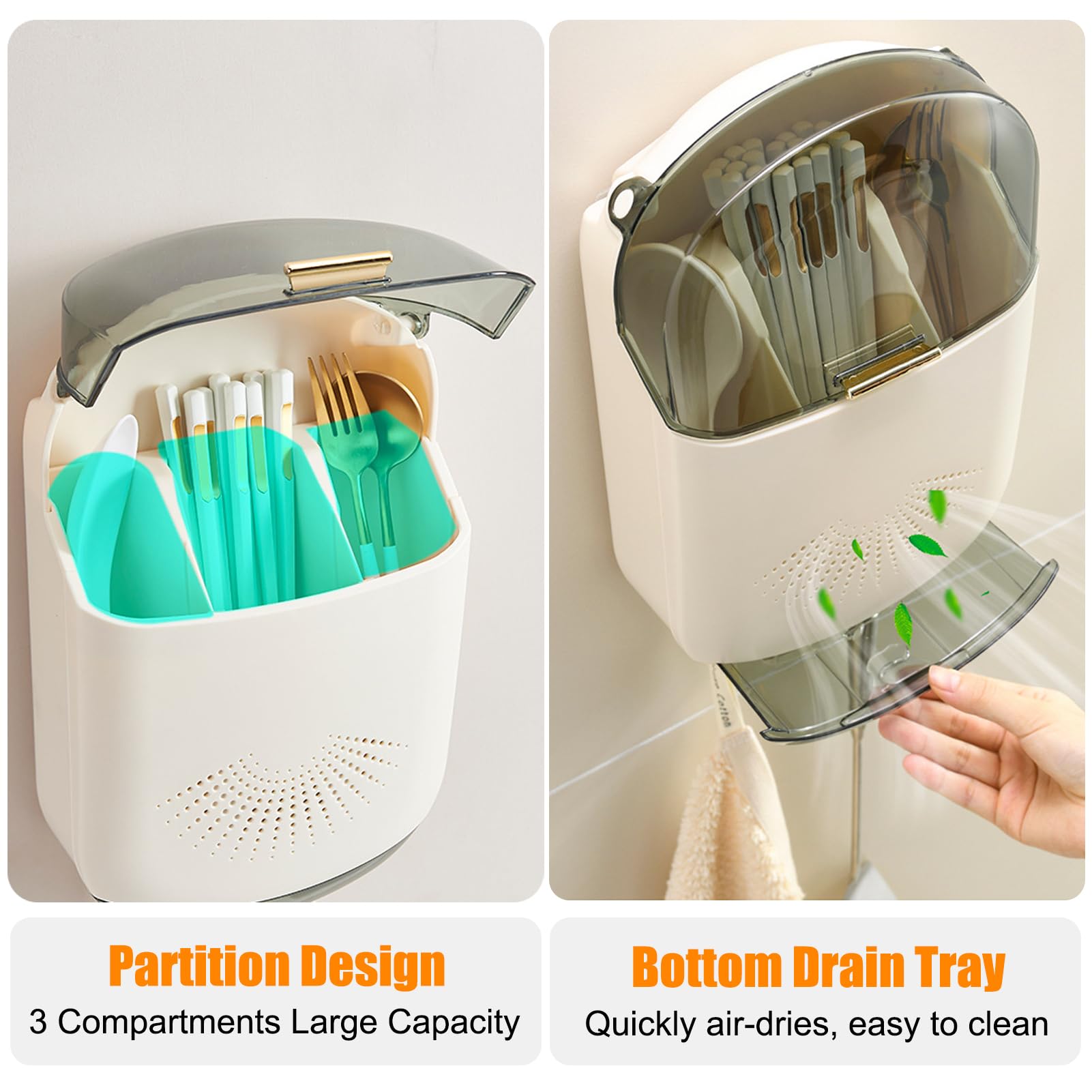 Wall Mounted Chopstick Holder, 3 Compartments Kitchen Utensil Holder with Cover And Drain Tray Large Capacity Plastic Chopstick Container Countertop Utensil Drying Storage Box (White)