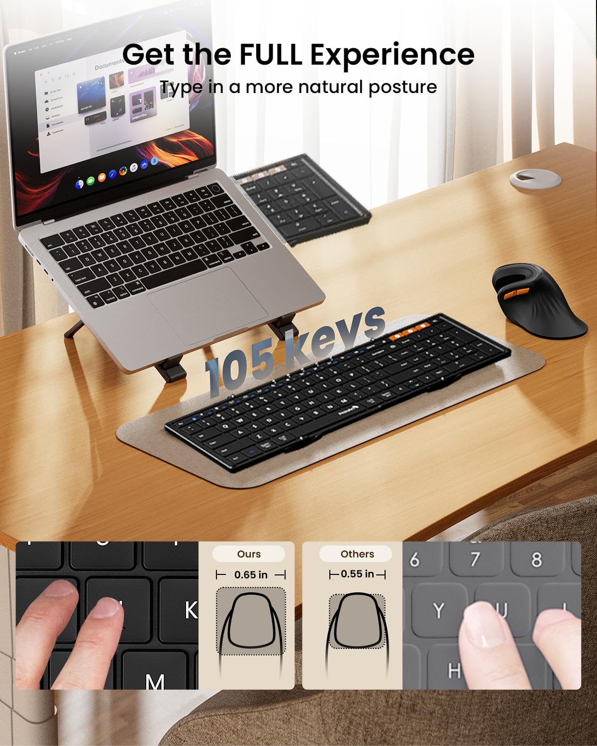 ProtoArc Foldable Bluetooth Keyboard, XK01 Full-Size Portable Wireless Keyboard for Travel, 105 Keys, 0.65" Keycaps, Multi-Device Sync for iPad Tablet Smartphone Laptop PC Windows iOS Android, Black