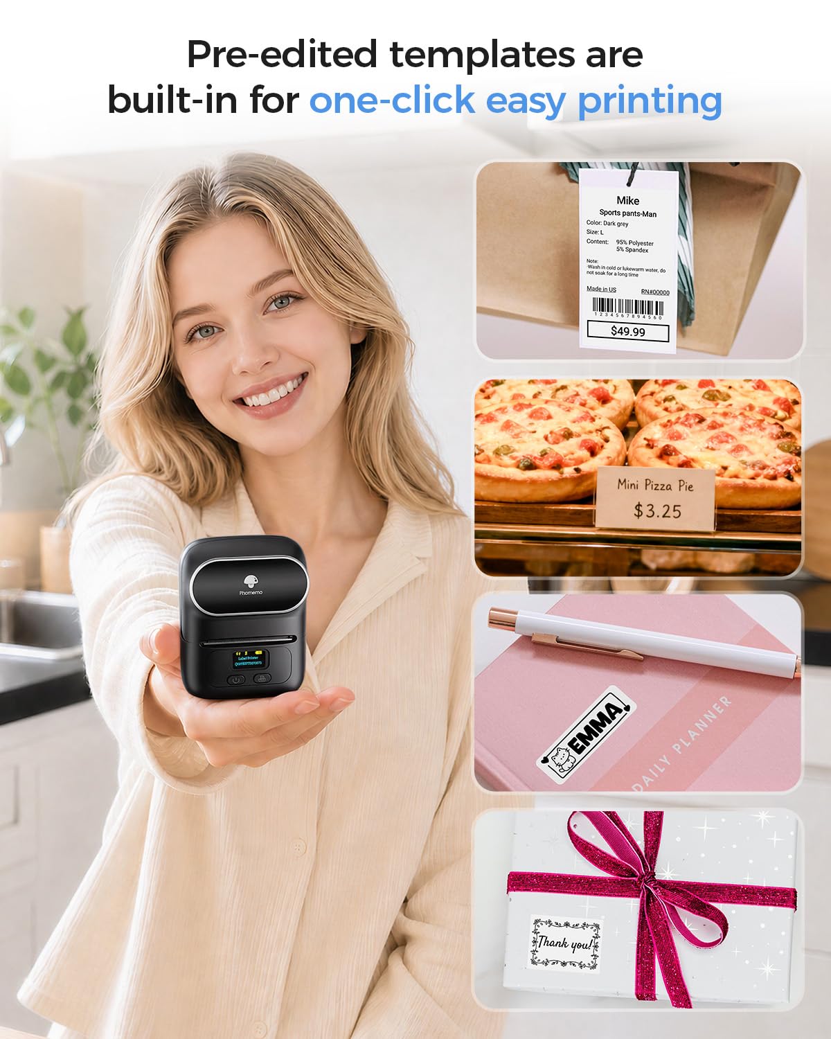 Phomemo M110 Label Makers - Barcode Label Printer Bluetooth Label Maker Portable Thermal Printer for Small Business, Address, Barcode, Logo, Clothing, Mailing, Sticker Printers for Phone & PC, Black
