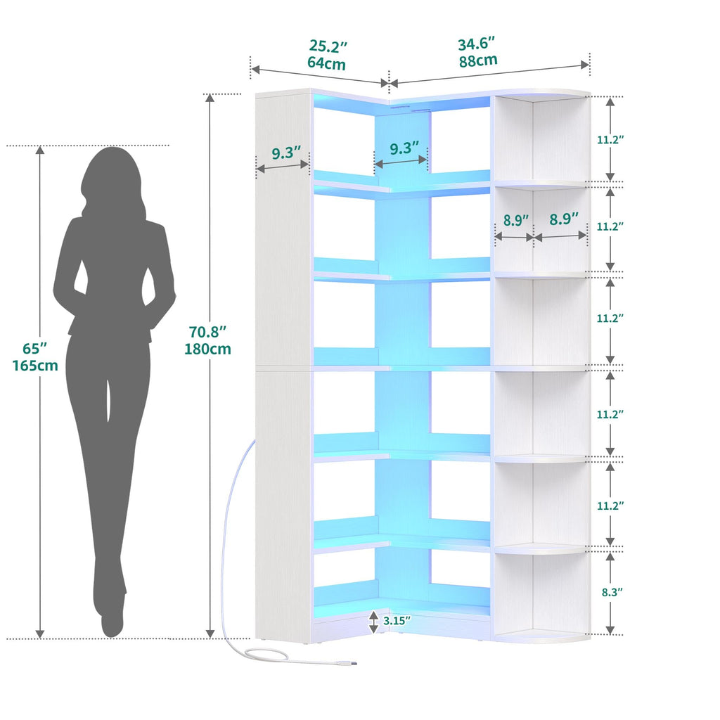YITAHOME Corner Bookshelf with LED Light, 6 Tier Corner Shelf White Bookshelf L-Shaped Bookcase Storage Display Shelf for Home Office, Living Room, White