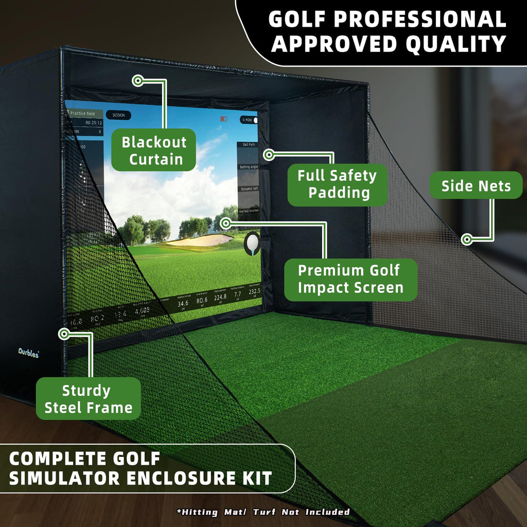 Golf Simulator Enclosure Kit with Premium HD Impact Screen, Full Safety Padding & Blackout Curtain, Home Golf Sim Setup Compatible with Launch Monitors, Indoor Cage Net Golfing Accessories (10 x 8 ft)