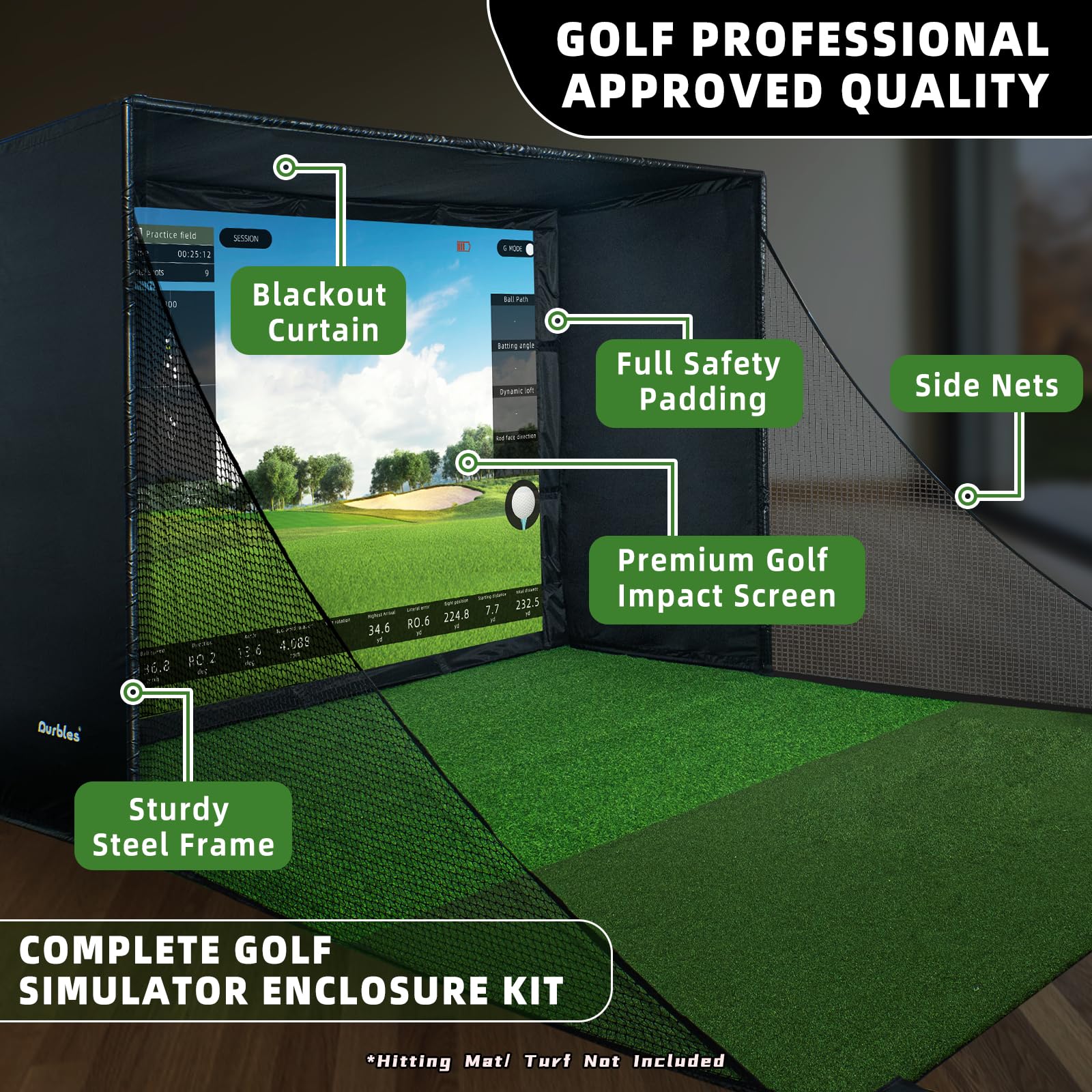 Golf Simulator Enclosure Kit with Premium HD Impact Screen, Full Safety Padding & Blackout Curtain, Home Golf Sim Setup Compatible with Launch Monitors, Indoor Cage Net Golfing Accessories (10 x 8 ft)