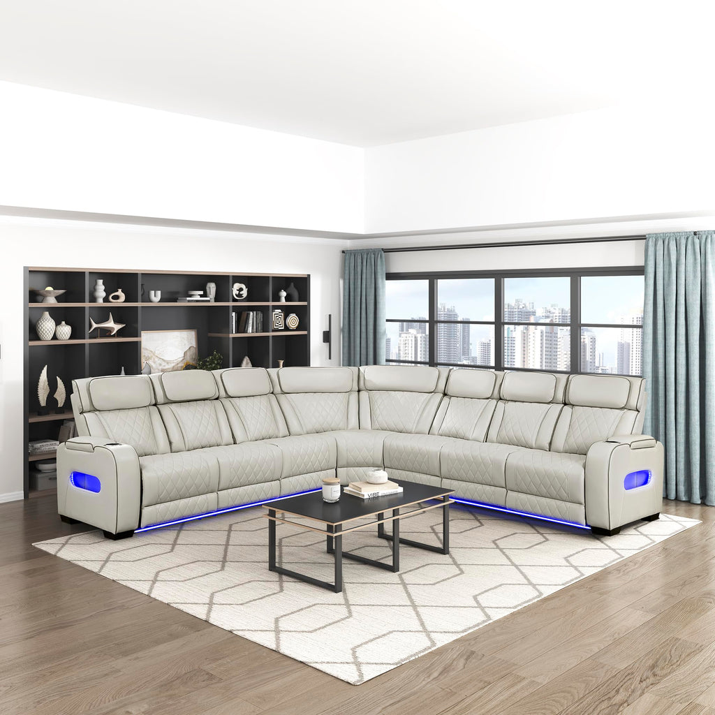 Lexicon 128" Power Reclining Sectional Sofa, Wall Hugger, 2 Recliner Seats, 2 Storage Arms, Drop-Down Cup Holders, Power Headrests, Wireless Charger, Charging Ports, LED Lighting, Faux Leather Taupe