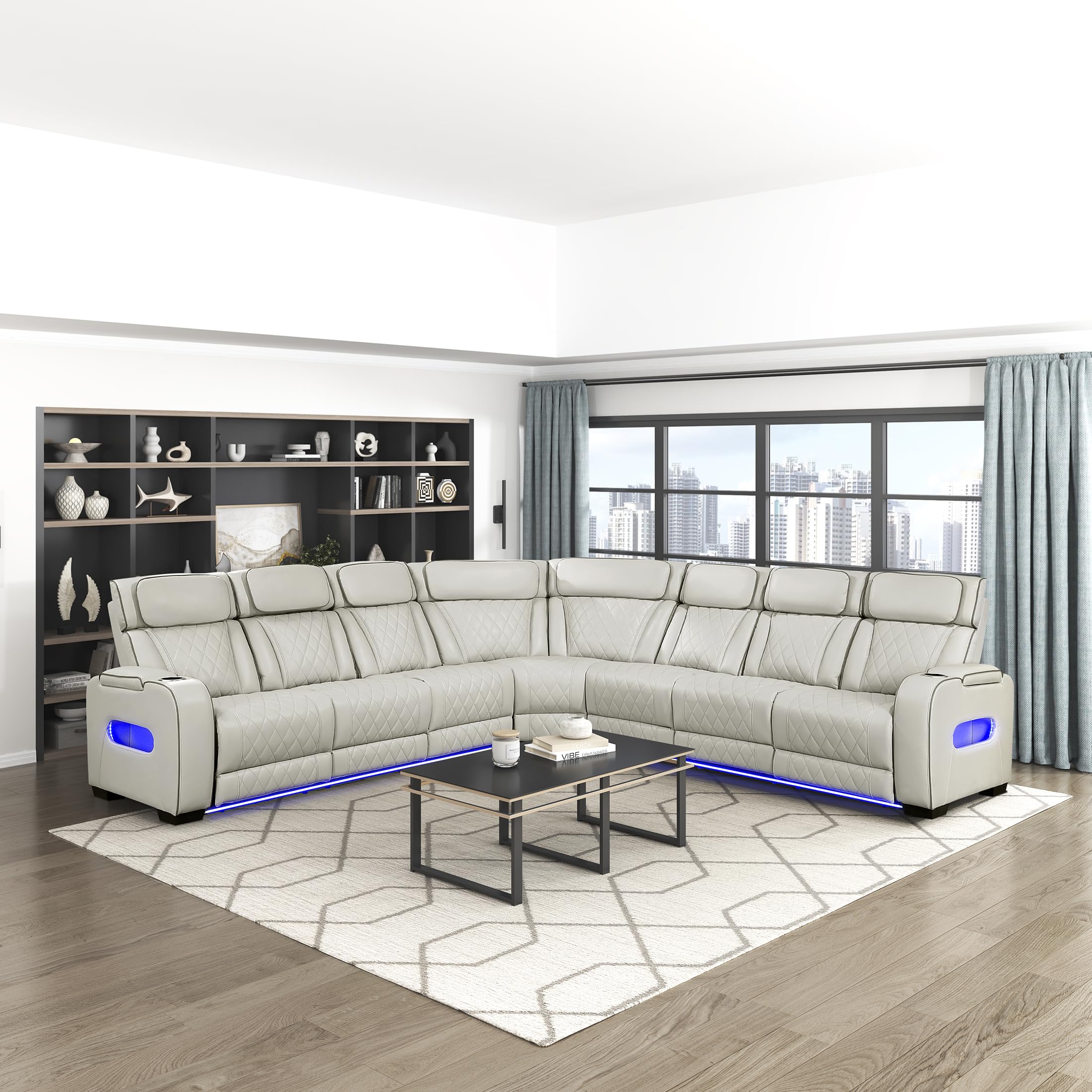 Lexicon 128" Power Reclining Sectional Sofa, Wall Hugger, 2 Recliner Seats, 2 Storage Arms, Drop-Down Cup Holders, Power Headrests, Wireless Charger, Charging Ports, LED Lighting, Faux Leather Taupe