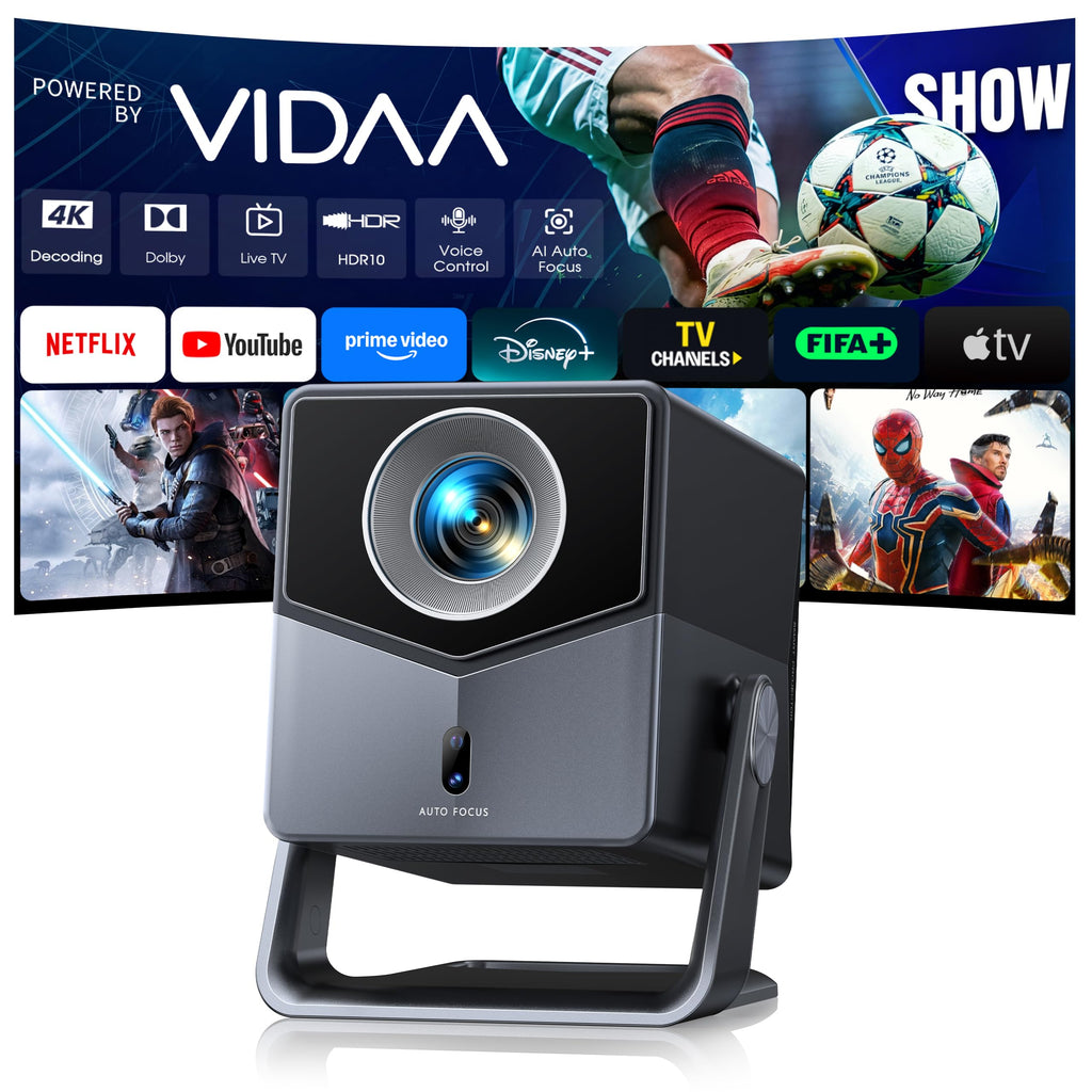 Smart Projector 4K [VIDAA Live TV & 36W Dolby & Voice Control] with WiFi6 and Bluetooth, Short Throw Projector Compatible with Netflix, AI Auto Focus, HDR10, Home Theater Proyector for Outdoor Movies