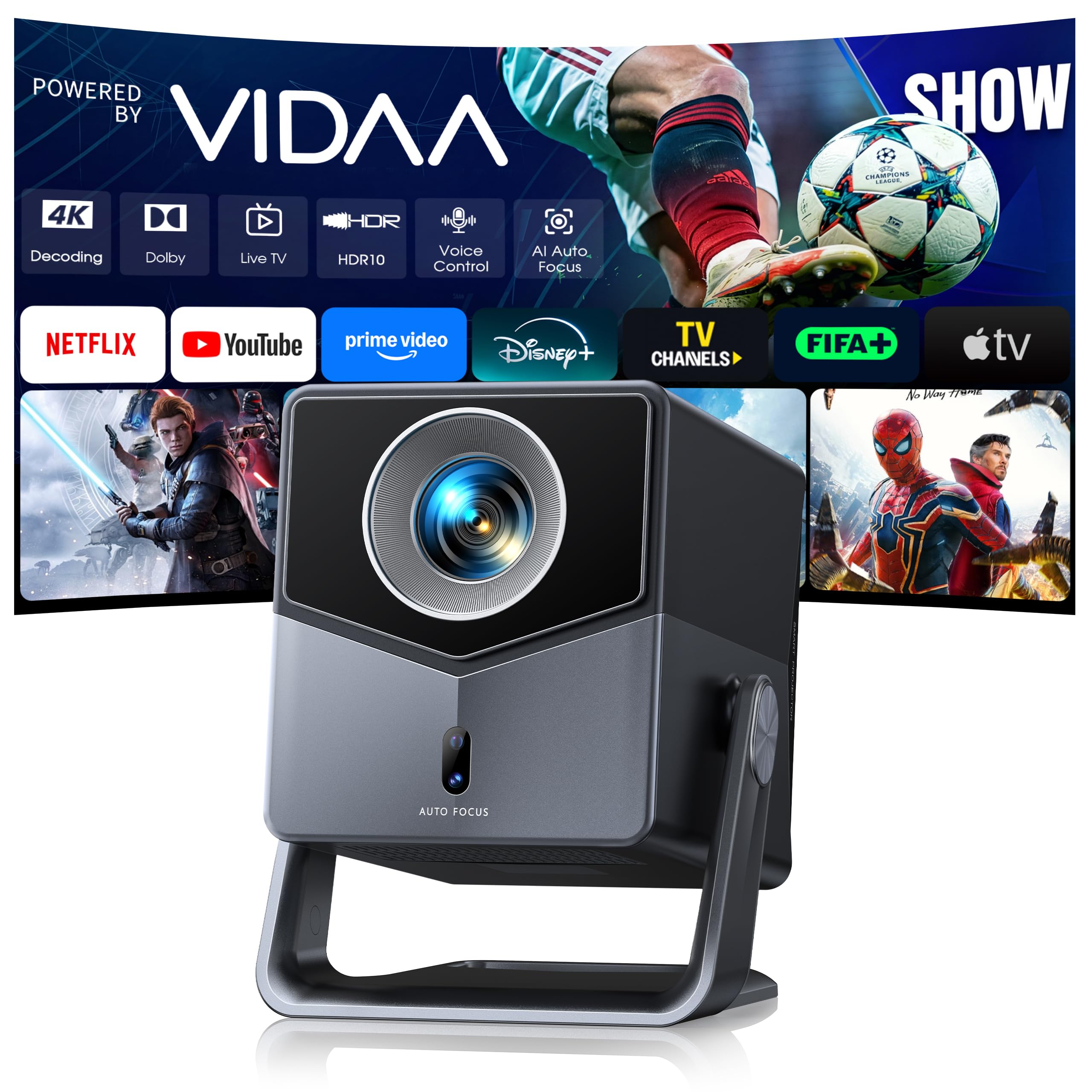Smart Projector 4K [VIDAA Live TV & 36W Dolby & Voice Control] with WiFi6 and Bluetooth, Short Throw Projector Compatible with Netflix, AI Auto Focus, HDR10, Home Theater Proyector for Outdoor Movies