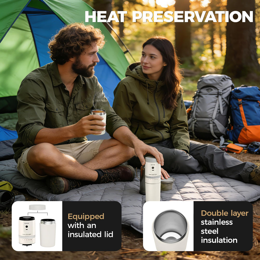 HAUSHOF Portable Coffee Grinder, Camping Coffee Makers, Portable Burr Coffee Grinder and Brewing Kit, Rechargeable, Personal Cordless Coffee Maker for Car, Camping, for Home Use